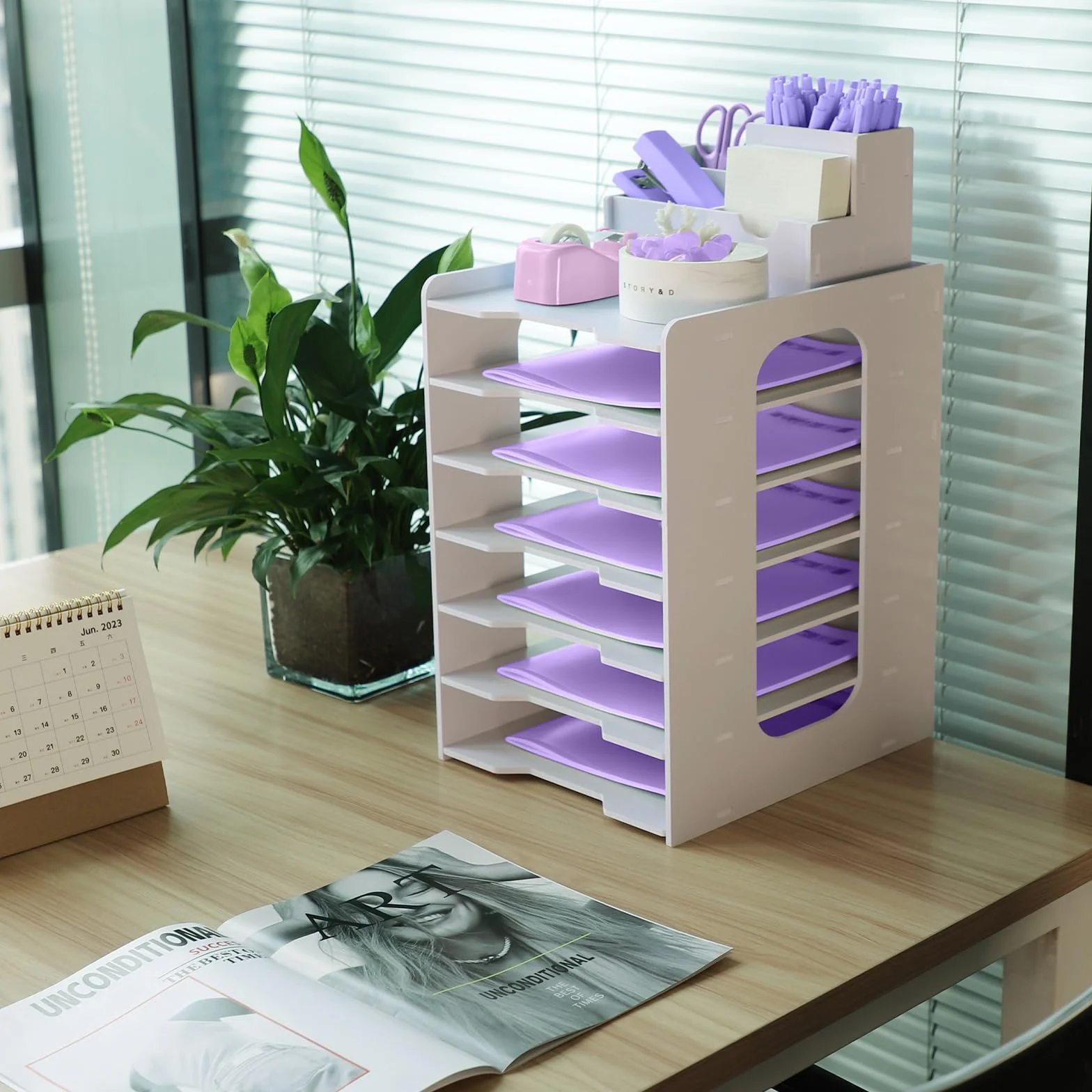 Bac à courrier A4 7 niveaux, organiseur de bureau empilable avec porte-stylo blanc