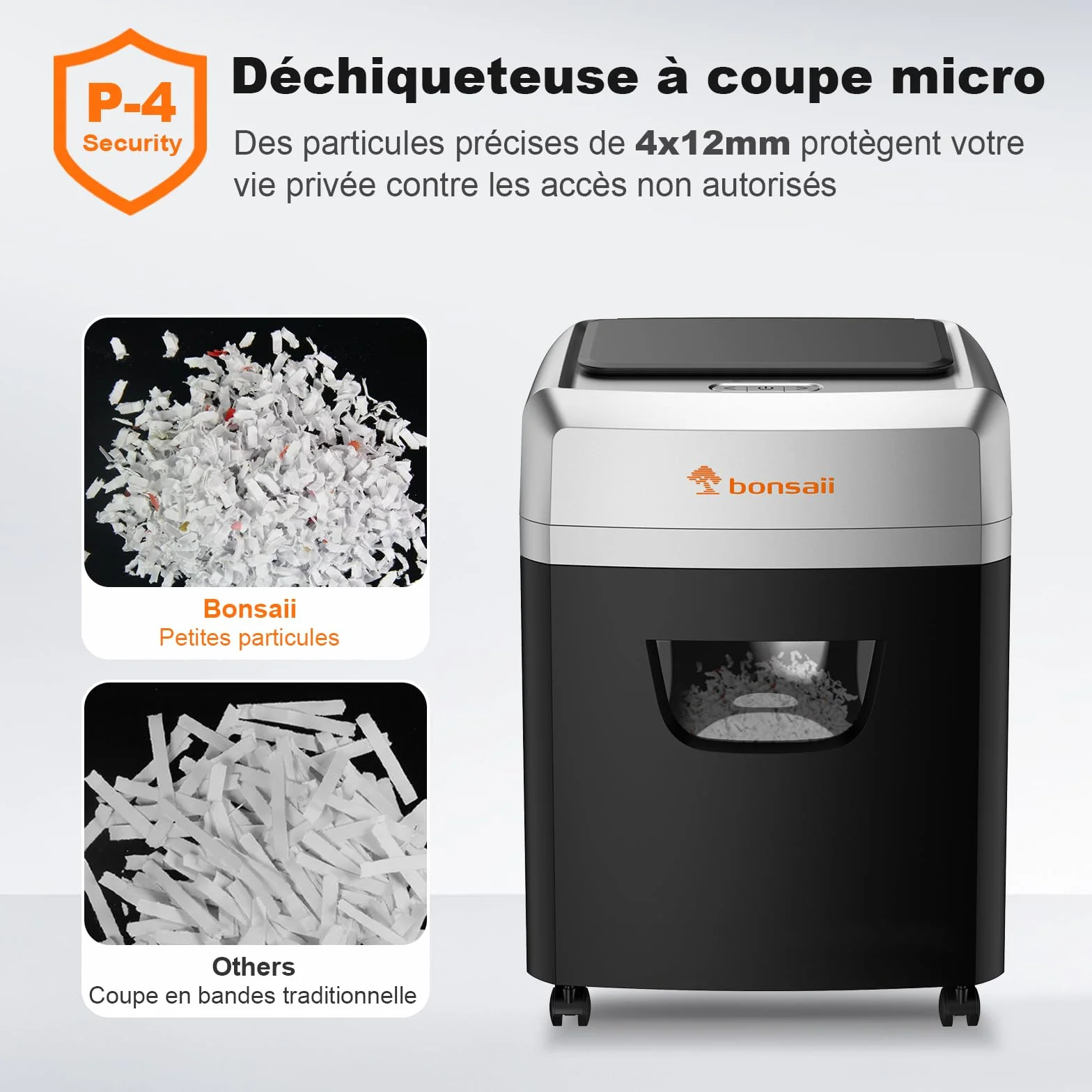 Bonsaii Destructeur de Documents Alimentation Automatique 160 Feuilles Coupe Croisée P-4 60 Minutes Fonctionnement Continu Bac 23 Litres C290-A