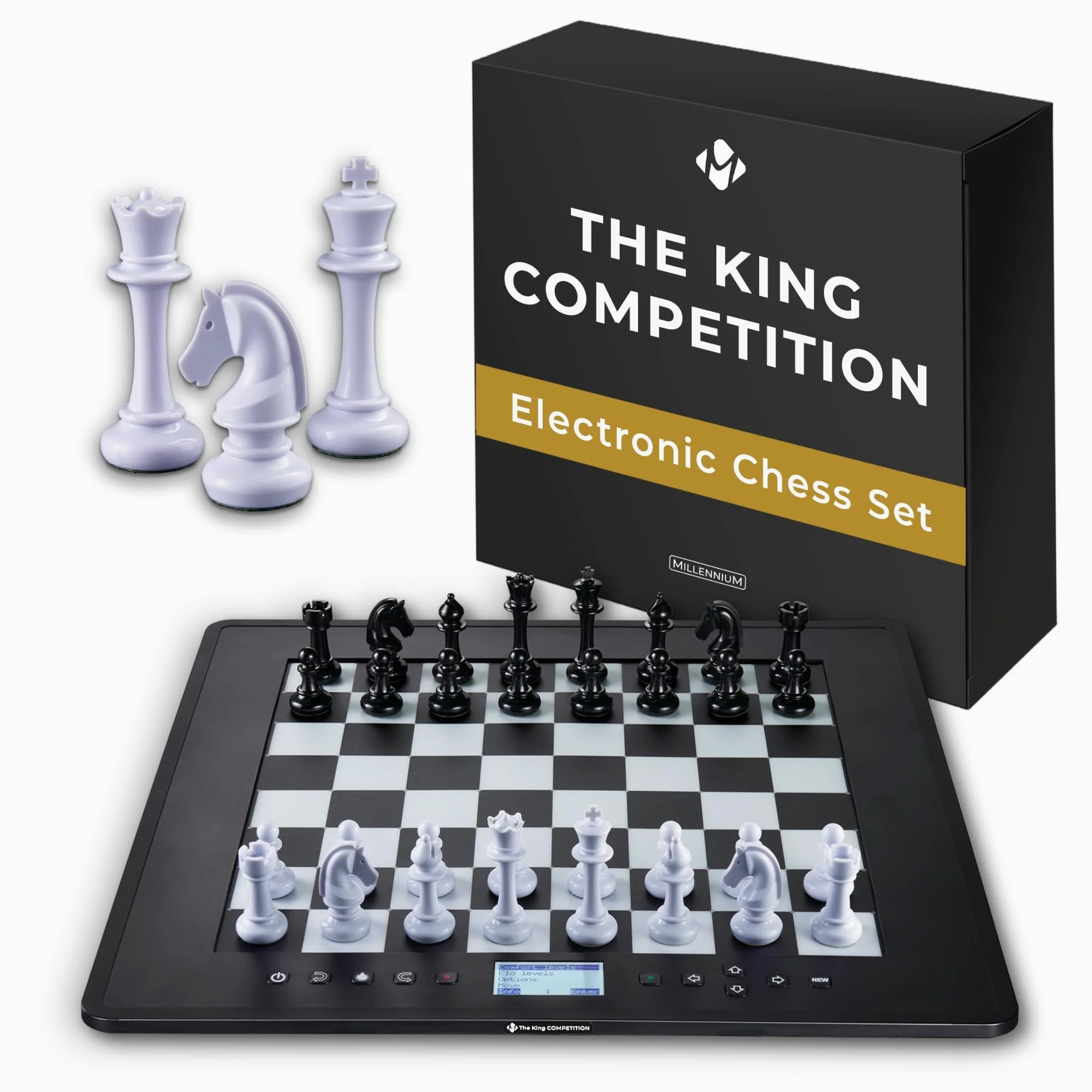 Millennium Ordinateur d'échecs The King Competition M831 Facile à Utiliser, pour Toute la Famille et Les passionnés d'échecs, avec Niveau de Jeu automatiquement Ajustable, Affichage des Coups par LED