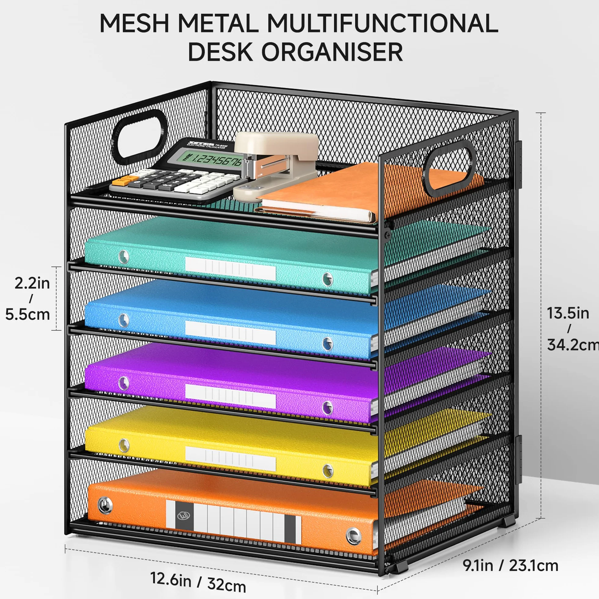 VITVITI 6 Niveaux Organisateur de Bureau Maille Métallique, Rangement de Papier avec Poignée, Noir