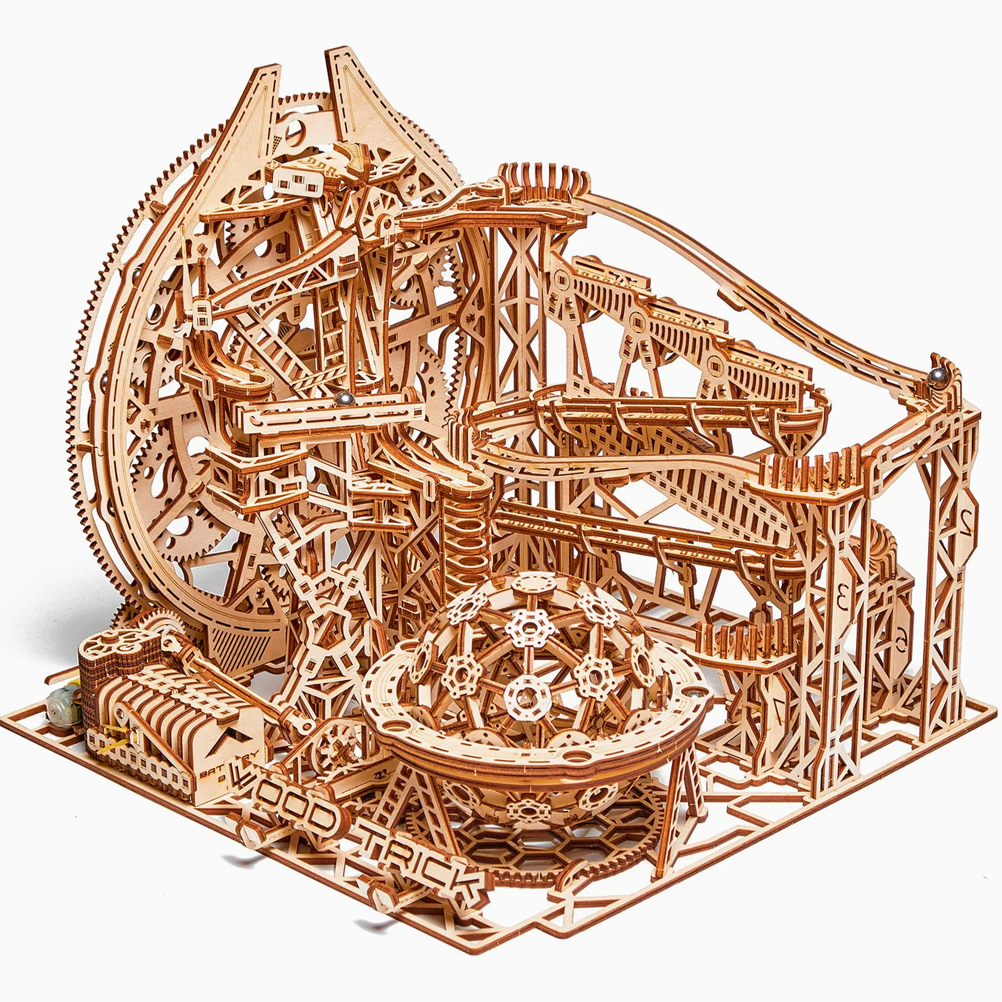 Wood Trick Galaxy Marble Run - Puzzles 3D en Bois à Construire pour Adultes et Enfants - Fonctionnement électrique - Kits de modèles en Bois de Montagnes Russes pour Adultes et Adolescents | [678 Pièces] Montagnes Russes Motorisées - 3 Voies - Kit de Maqu