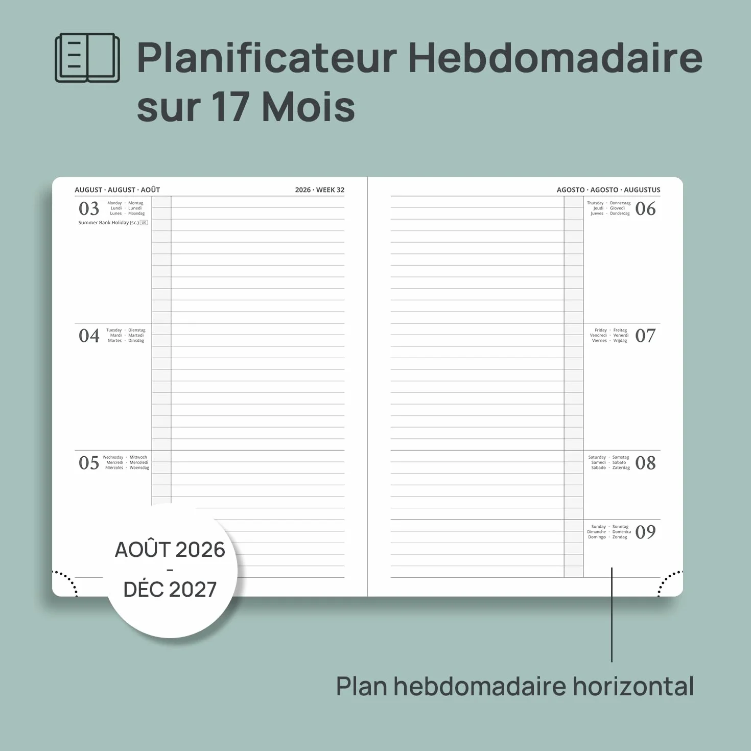 POPRUN Agenda 2026 2027 Semainier 22,5 x 16,5 cm Couverture Rigide Vert Militaire