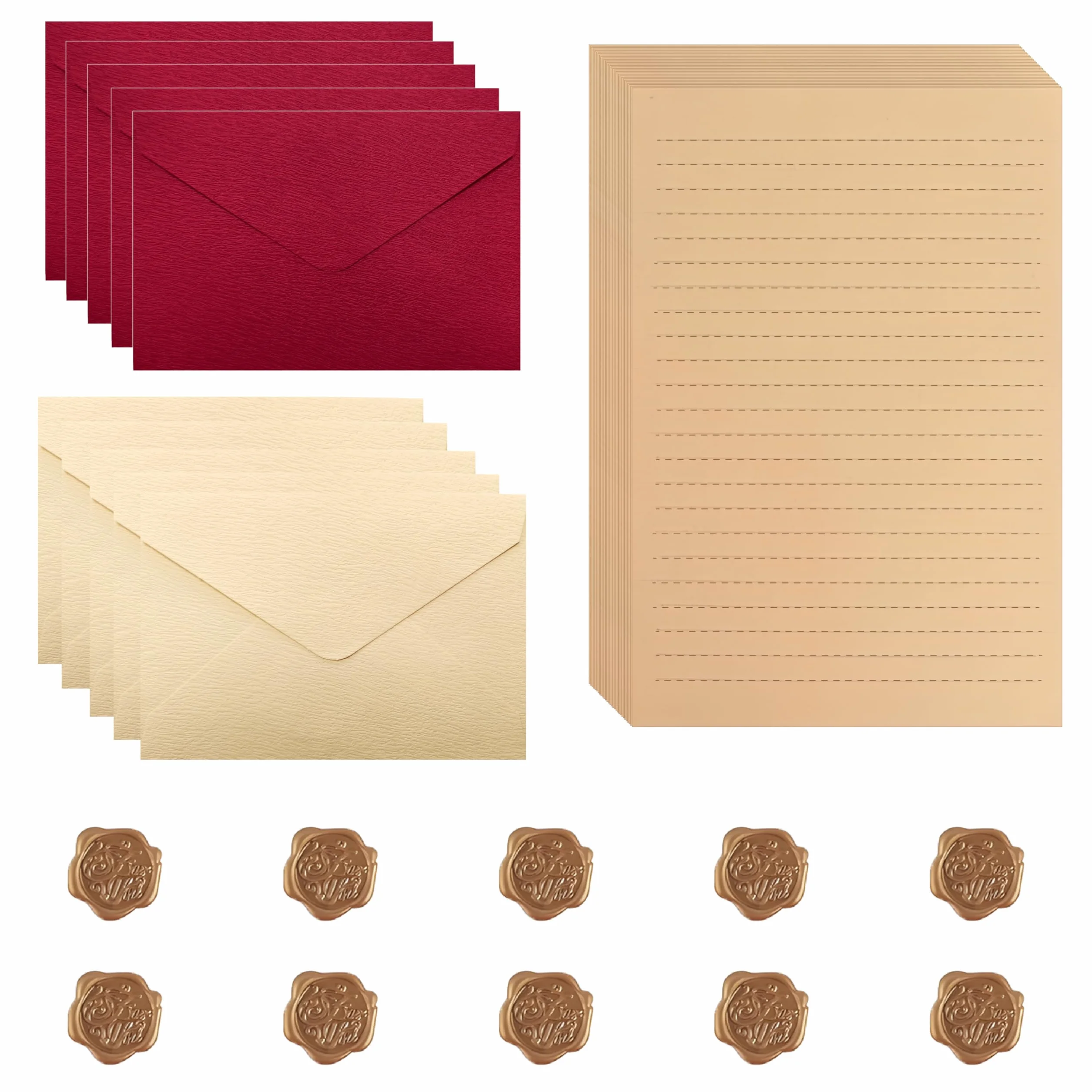 Ensemble Papier à Lettre Vintage, 5 Enveloppes Beiges, 5 Rouges, 30 Feuilles, 10 Autocollants Cire