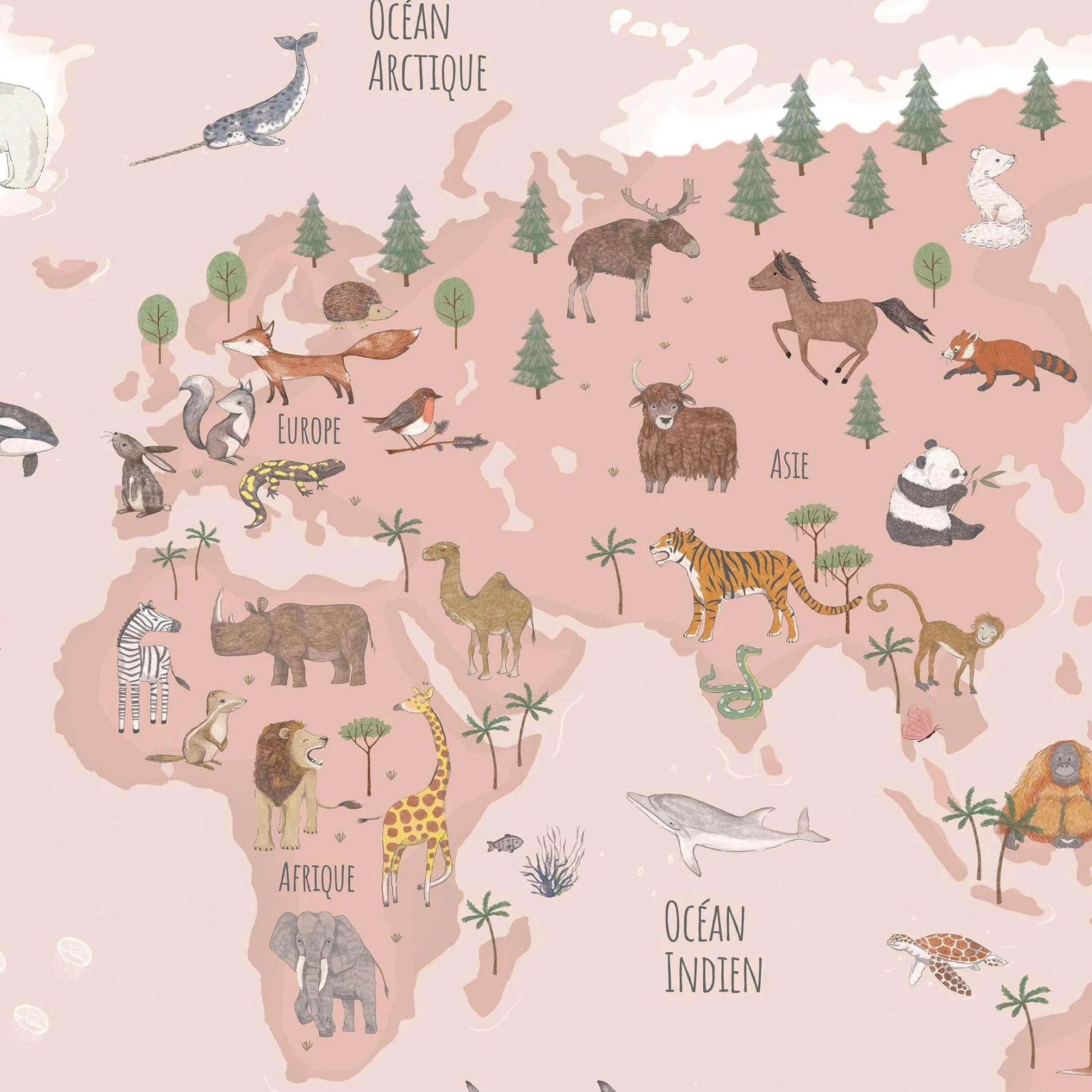 Sous-main pour enfants Carte du monde animaux rose français 60 x 40 cm vinyle