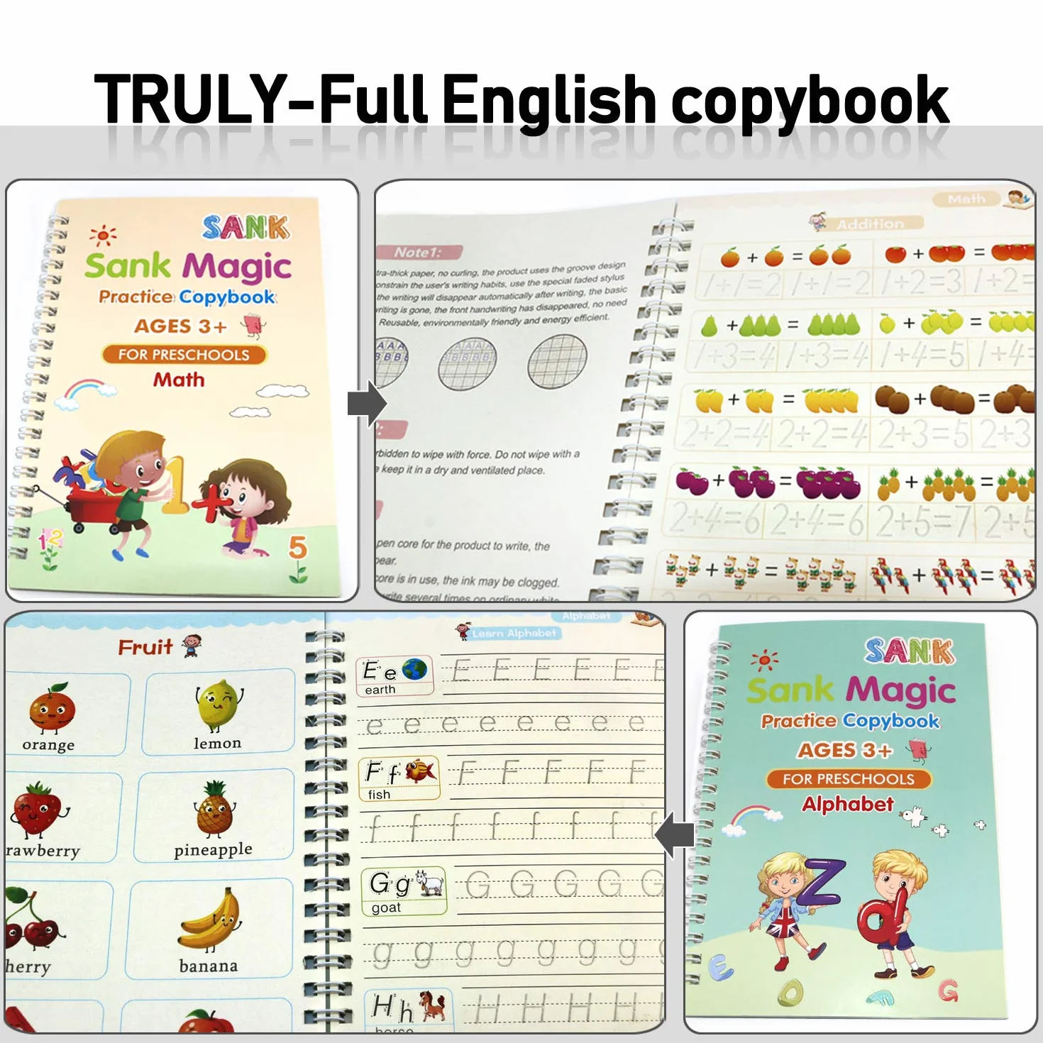 Cahier de calligraphie réutilisable 4 pièces pour enfants, pratique d'écriture magique
