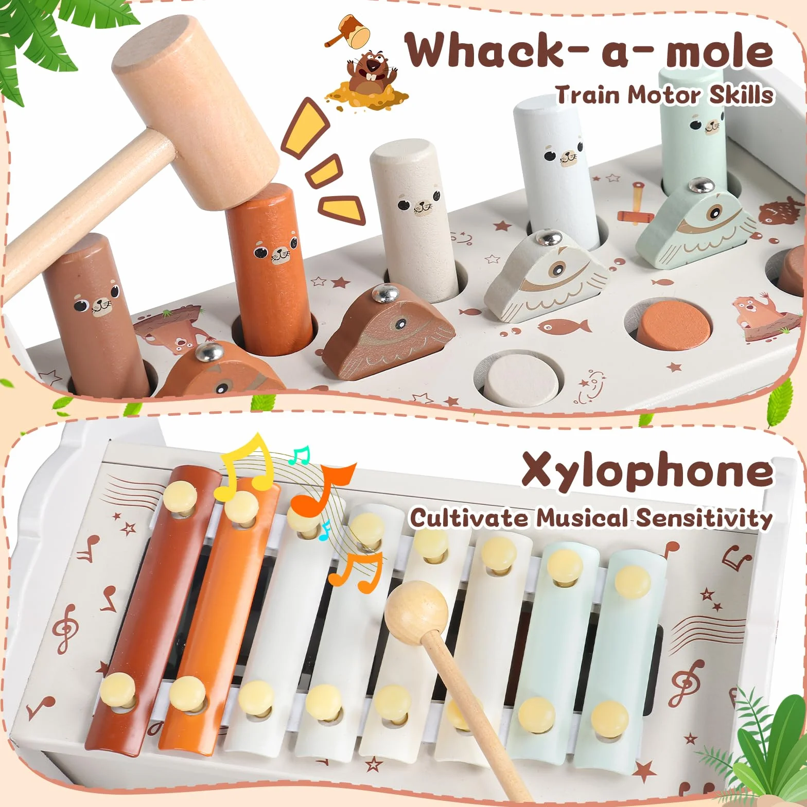 Jouet Montessori 1 an 4 en 1 Tape-Taupe Xylophone Bebe Pêche Labyrinthe Bois Educatif