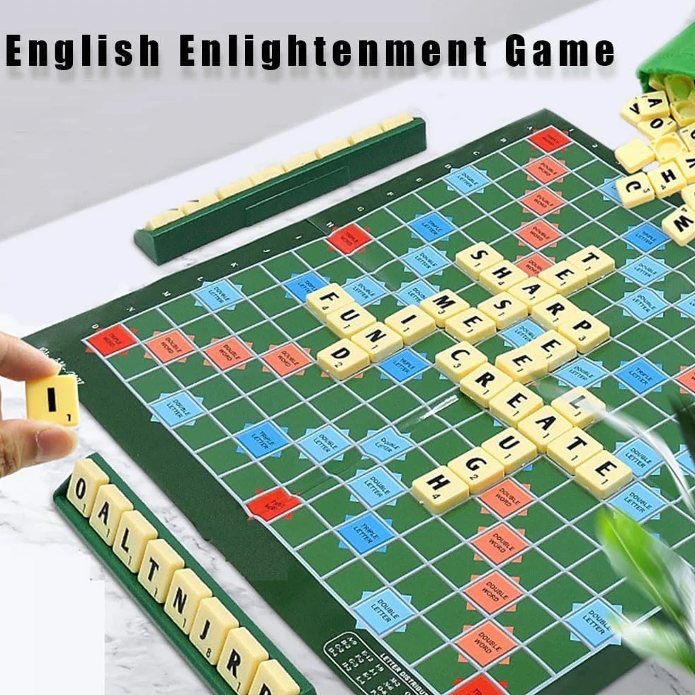 Jeu de Société Éducatif Mots Classique avec 100 Lettres Plateau 4 Chevalets Sac Apprentissage Orthographe Enfants 6 Ans+