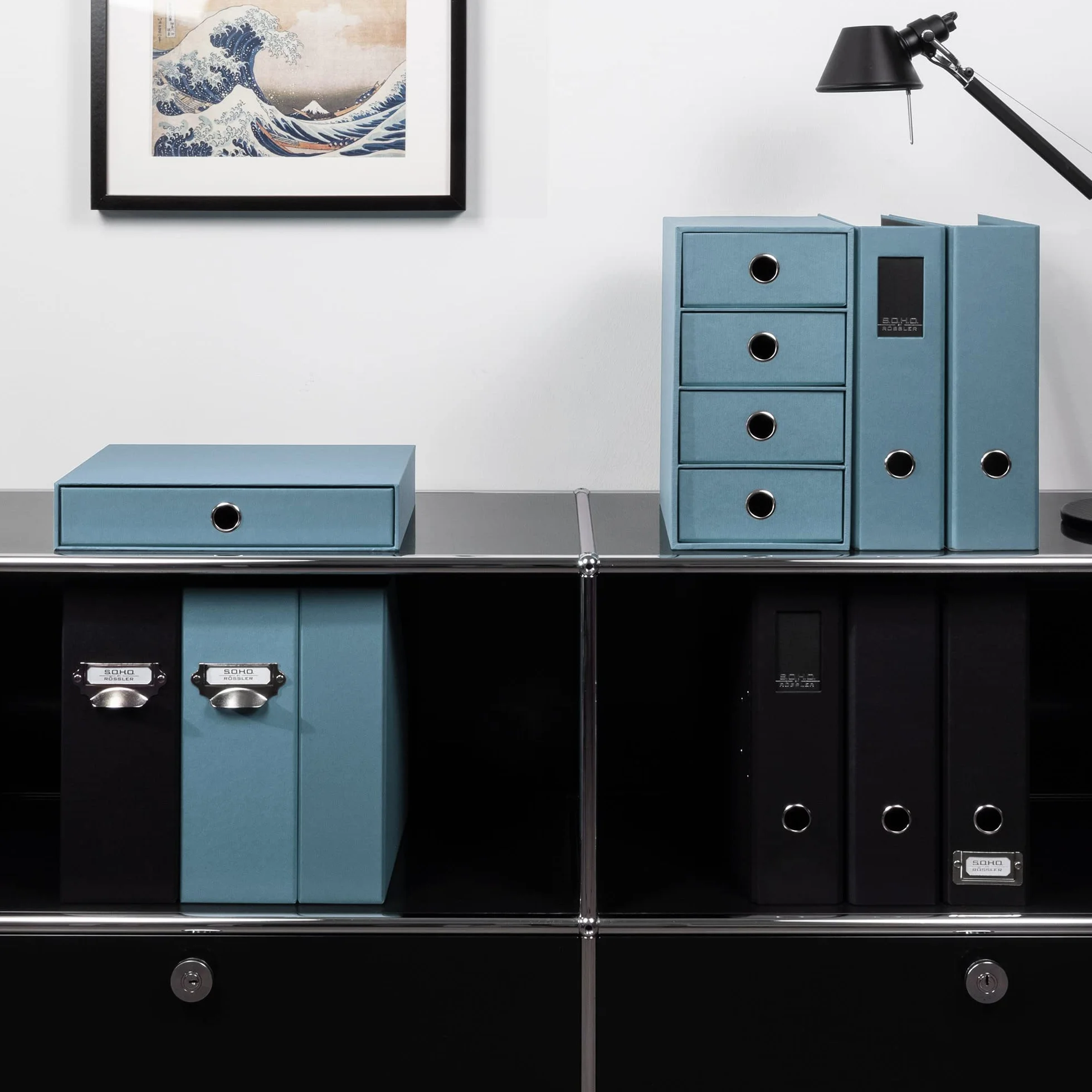 Rössler Boîte de rangement avec trou de préhension Bleu denim Format A4