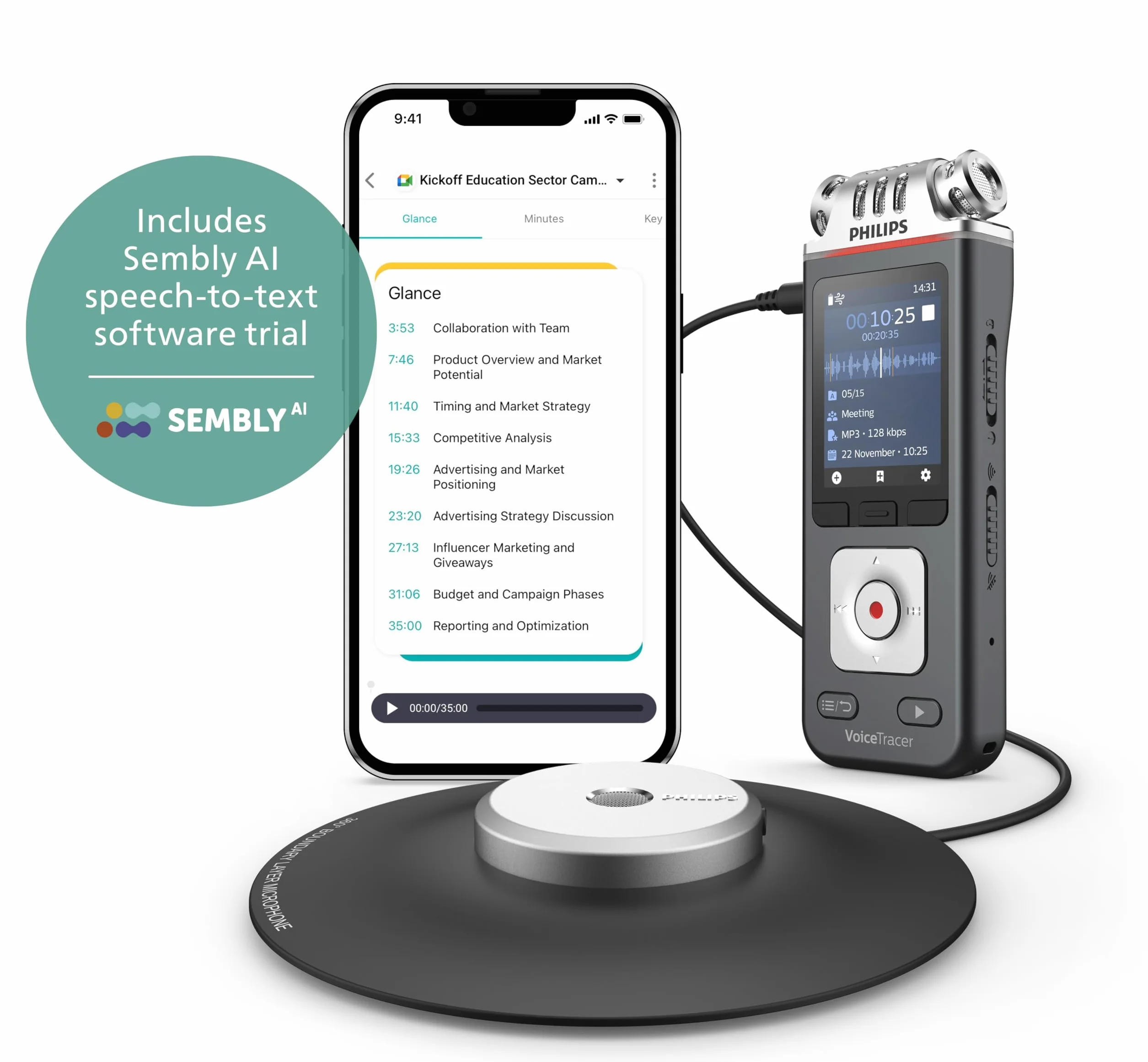 Philips VoiceTracer DVT8115 Enregistreur de réunions 360° 8Go