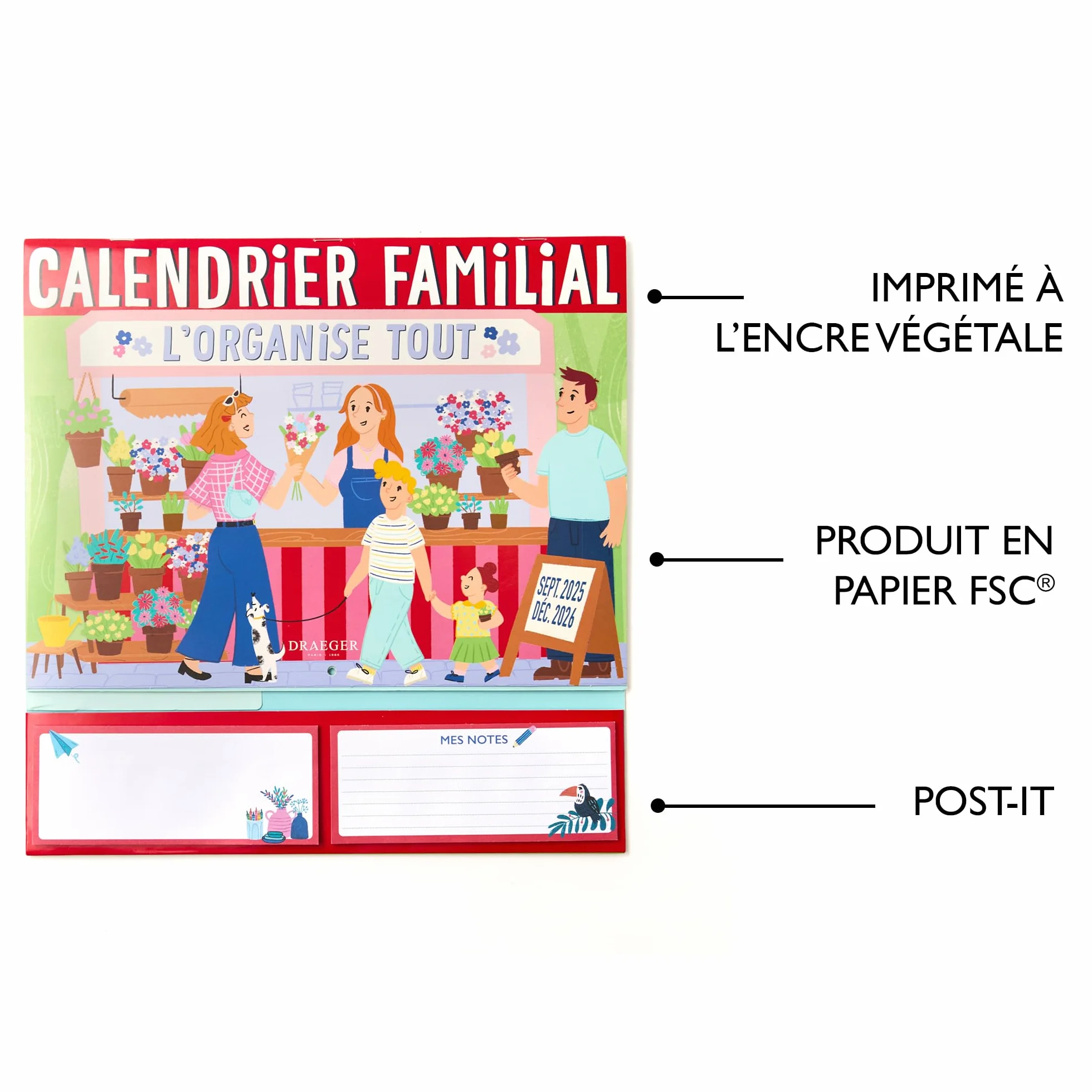 DRAEGER PARIS 1886 Organiseur familial mural 28x28 cm 2026-18 fiches mensuelles Papier FSC