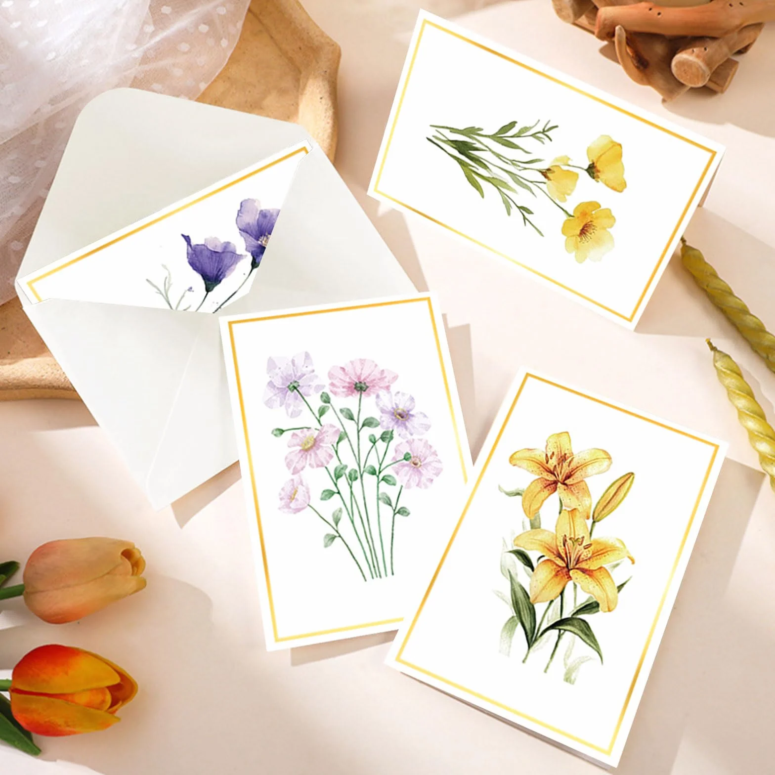 Cartes Voeux d'Anniversaire Fleuri avec Enveloppe Lot de 12