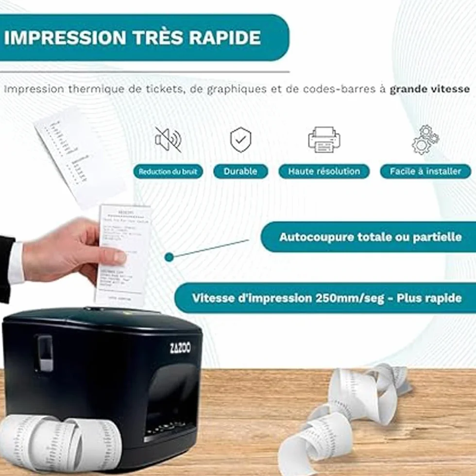 Imprimante Thermique Ticket de Caisse 80mm USB WiFi 250 mm/s Coupe Automatique Compatible Windows