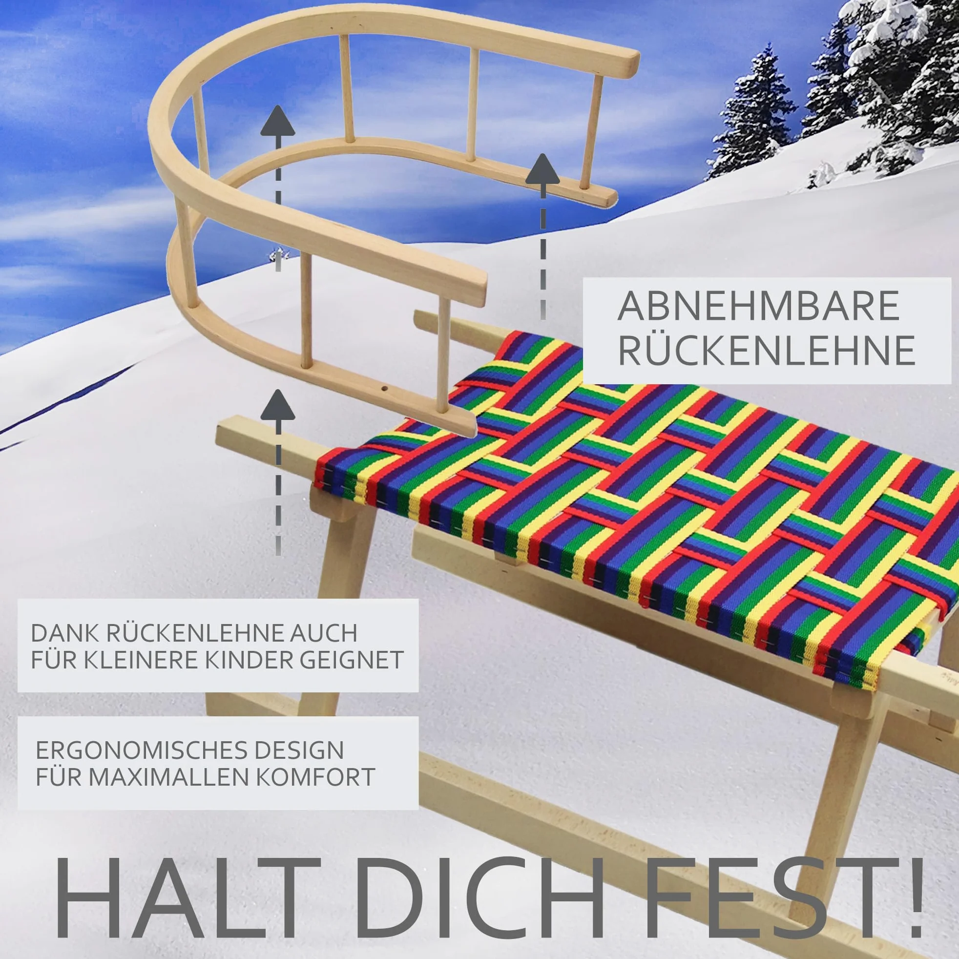 Luge à cornes [Luge à cornes en bois] avec dossier, corde de traction, ferrures de patins en acier léger, 100 cm, en bois de hêtre, avec siège de sangle, fibres synthétiques avec dossier, pour 2