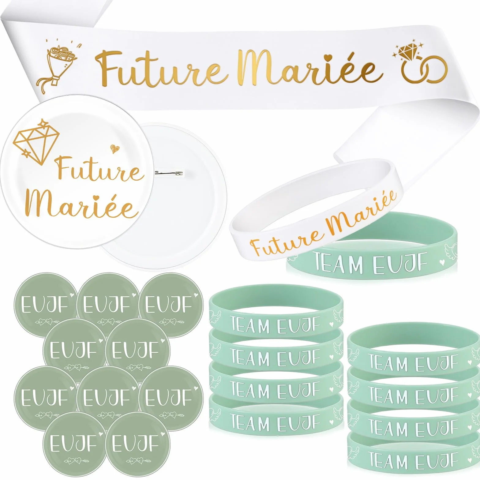 Accessoires de Mariage pour Future Mariée 21 Cadeaux EVJF avec Écharpe, Badges et Bracelets en Silicone