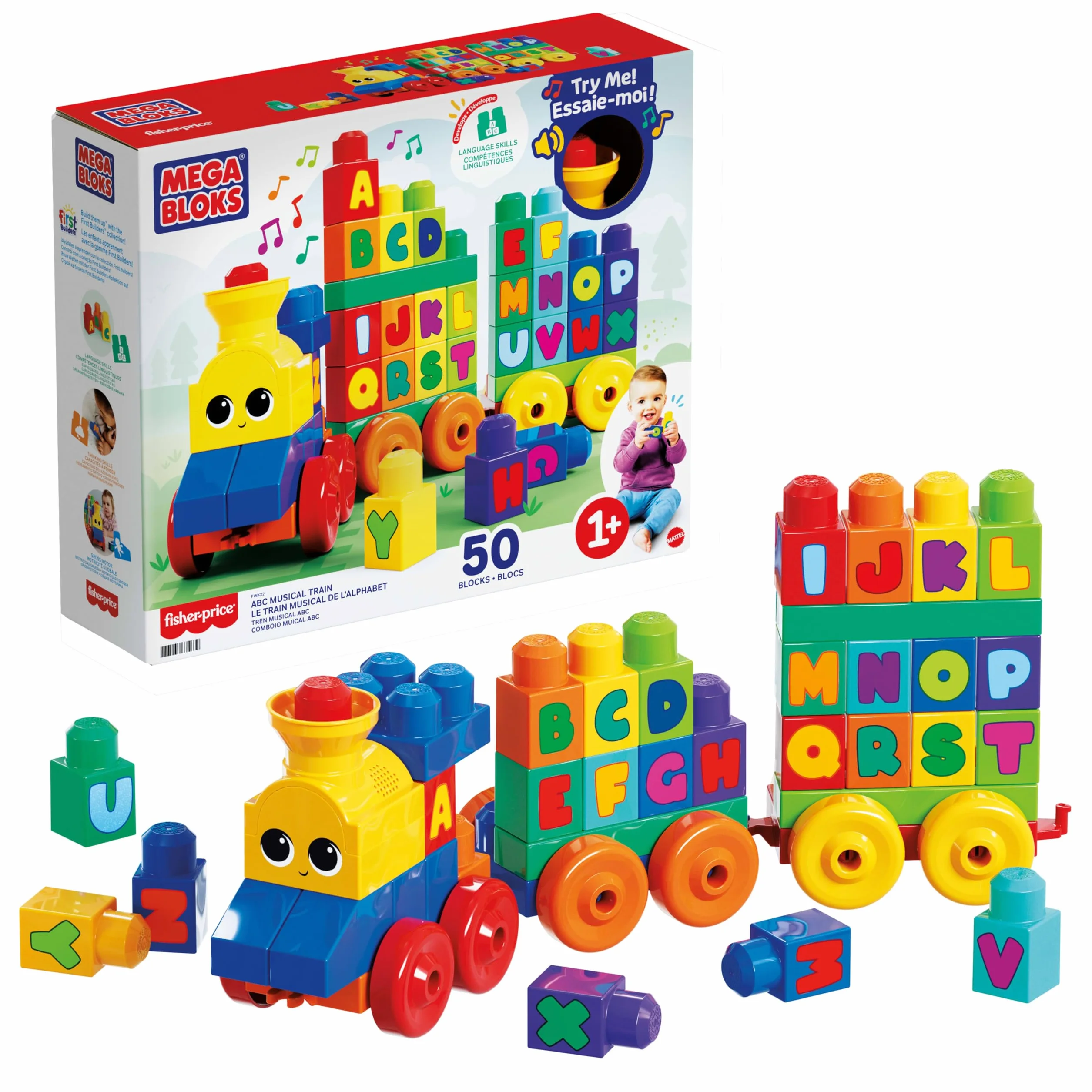 MEGA Bloks Le Train de L'Alphabet, jeu de blocs de construction 50 pièces FWK22