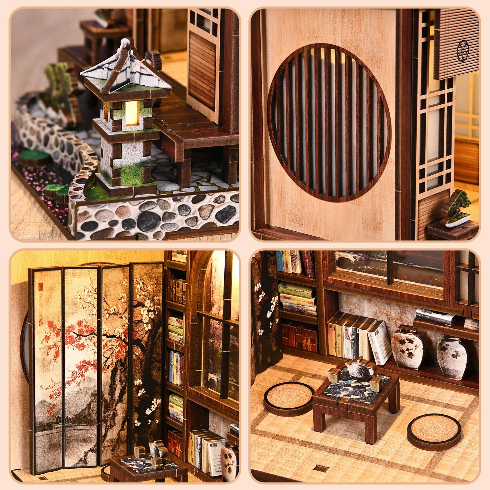 Book Nook Kit Maison de poupée Style Japonais LED Licht 3D Holzpuzzle DIY bastelset Erwachsene