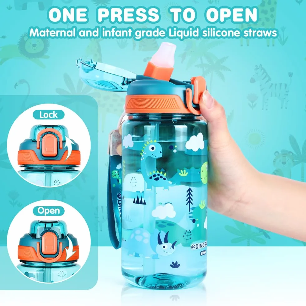 Flintronic 600ML Gourde Enfant avec Paille, Bouteille Enfant avec Poignée, Anti-Fuite, sans BPA Tritan pour l'école Sport (Vert-Dinosaures)