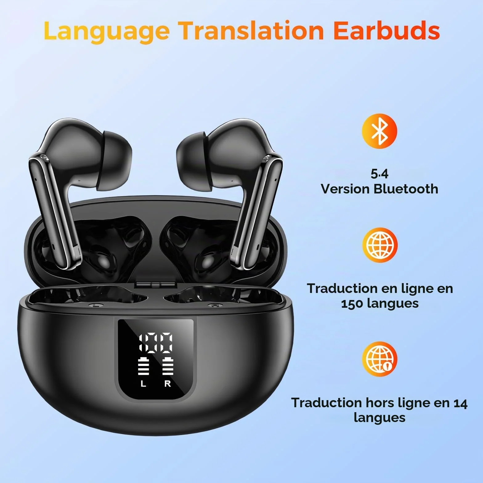 Ecouteur Traducteur Instantané 3-en-1, Traducteur Vocal 150 Langues Temps réel ANC Bluetooth 5.4, Basses améliorée, Ajustement sûr Course à Pied