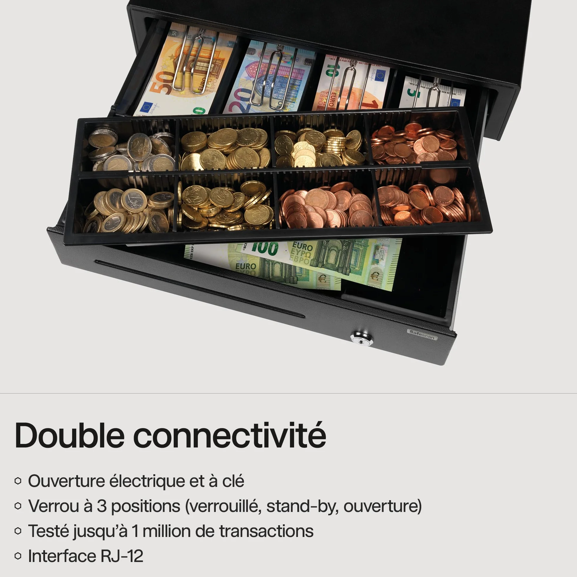 Safescan SD-4141 tiroir-caisse 4 emplacements billets 8 emplacements pièces RJ-12 41 x 41.5 x 11.5 cm