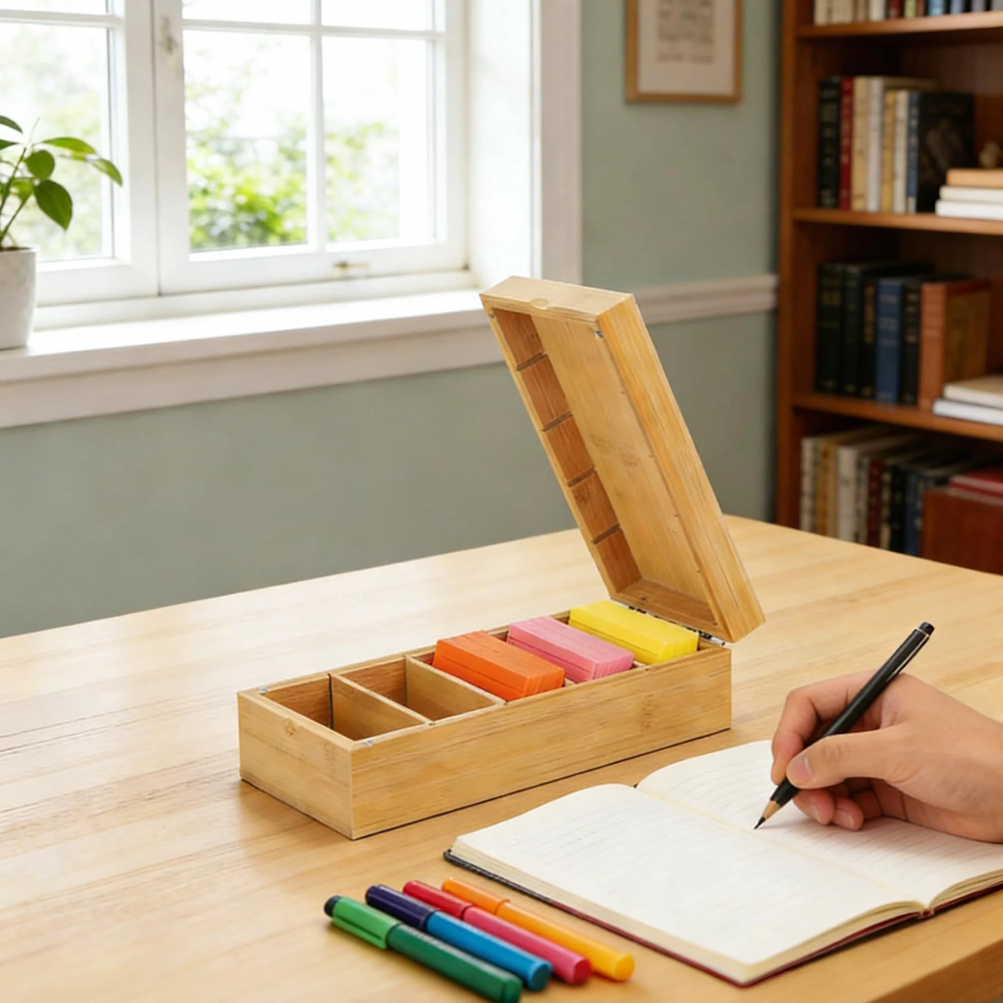 Boîte à Fiches en Bois 4 Compartiments Ajustables pour Fiches A8 22.2x9.5x7cm