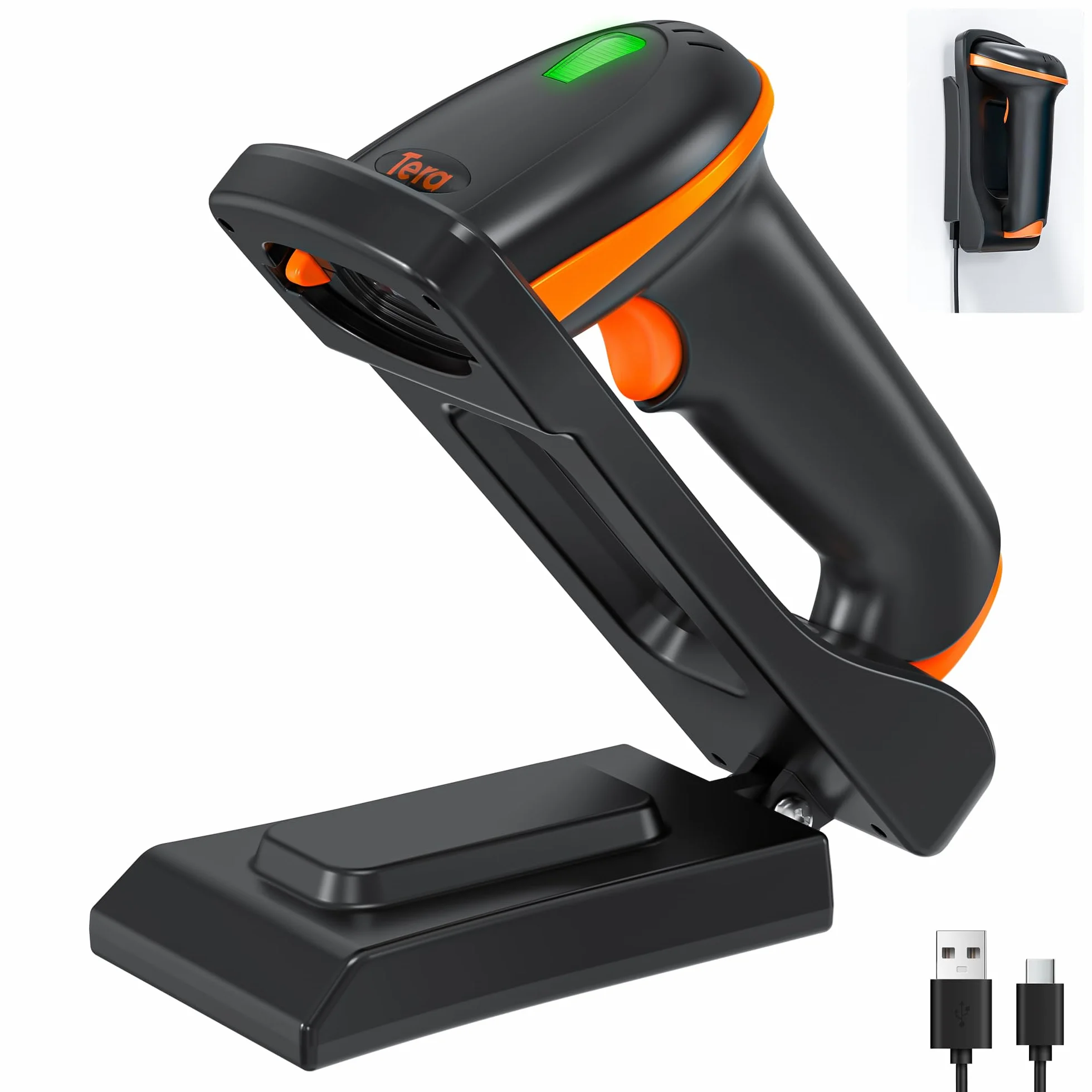 Tera D5100-CR Lecteur de Code Barre Mural sans Fil 2,4 GHz USB 2.0 Scanner Manuel 1D 2D QR avec Support Pliable