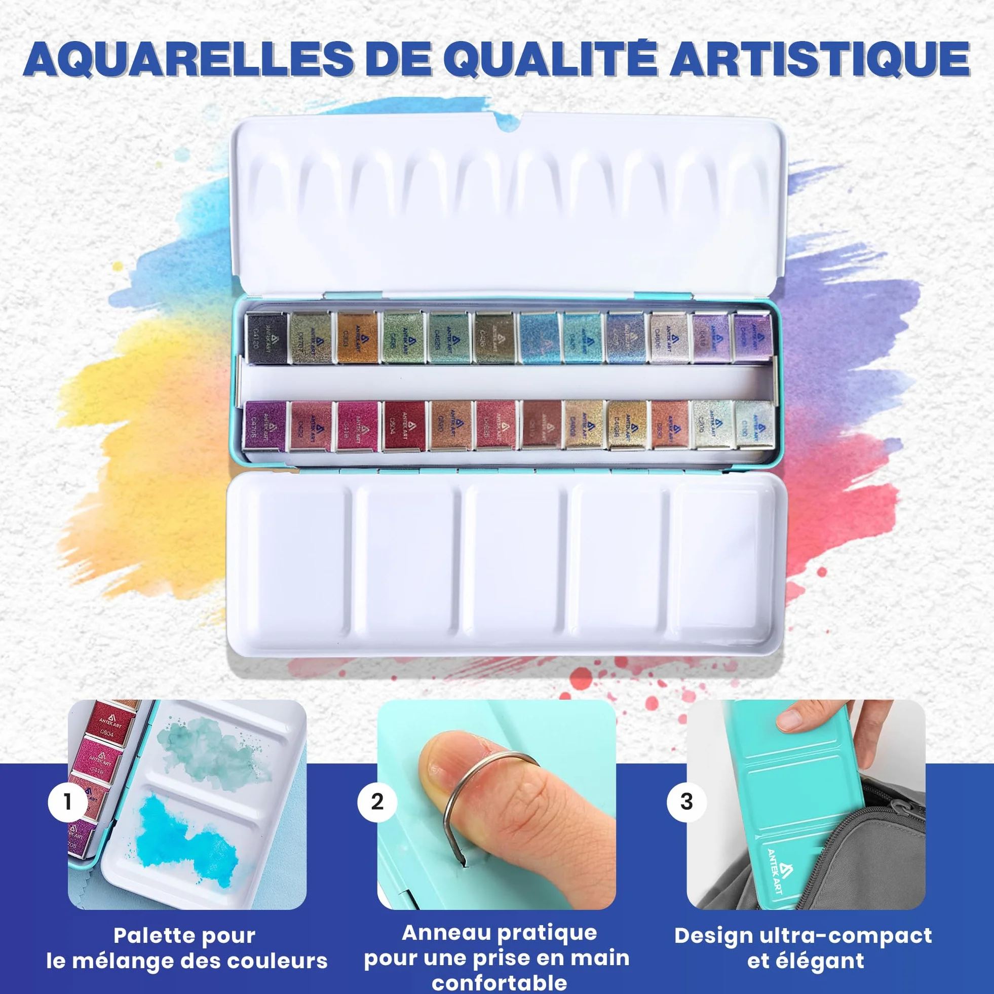Set de Peinture Aquarelle Métallique, 24 Couleurs dans Mallette Portable avec Palette