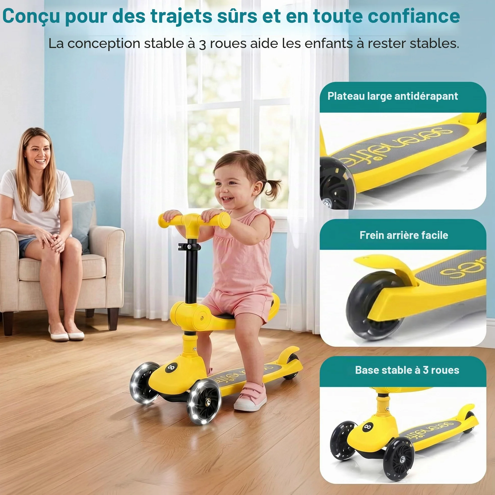 SereneLife Trottinette Enfant 2 en 1 avec Siège – 3 Roues Pliable, Hauteur Réglable, Roues LED