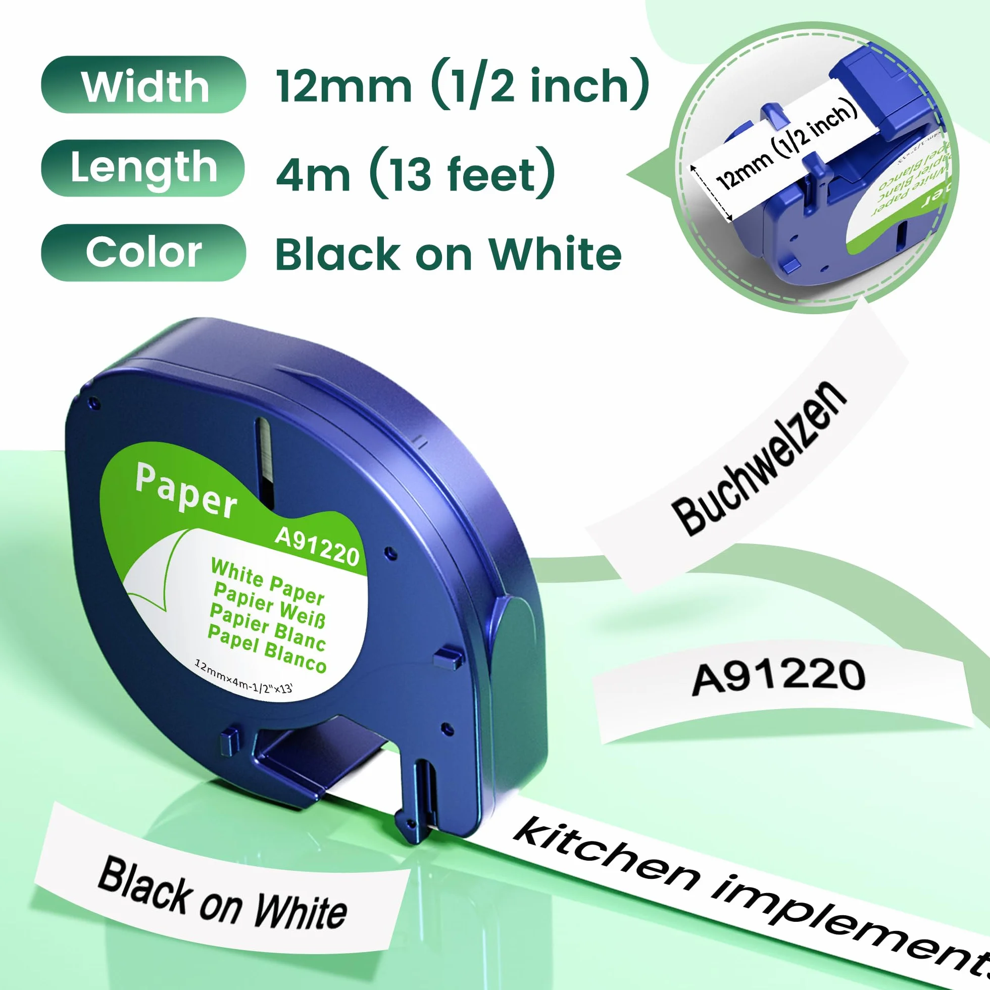 Ruban Papier Recharge Compatible Dymo LetraTag 12mm x 4m Noir sur Blanc pour LT-100H LT-100T