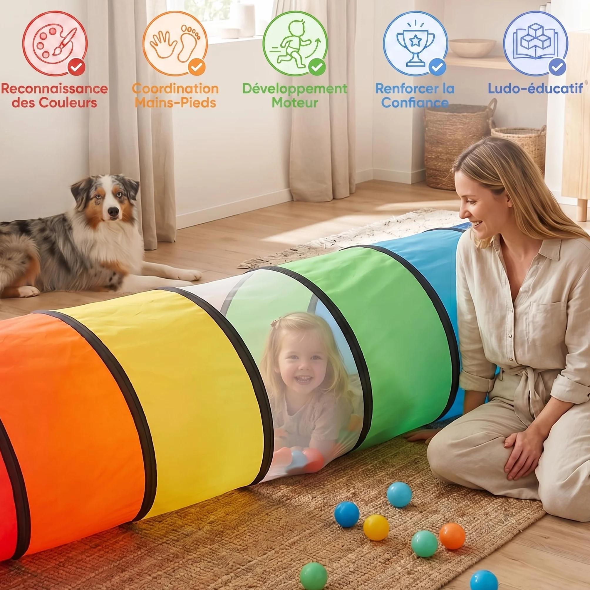 Tente de Jeux Tunnel Enfant 180 cm - Pliable Pop-up Exterieur Interieur avec Côtés en Maille - Parcours Motricité Bébé Cadeau