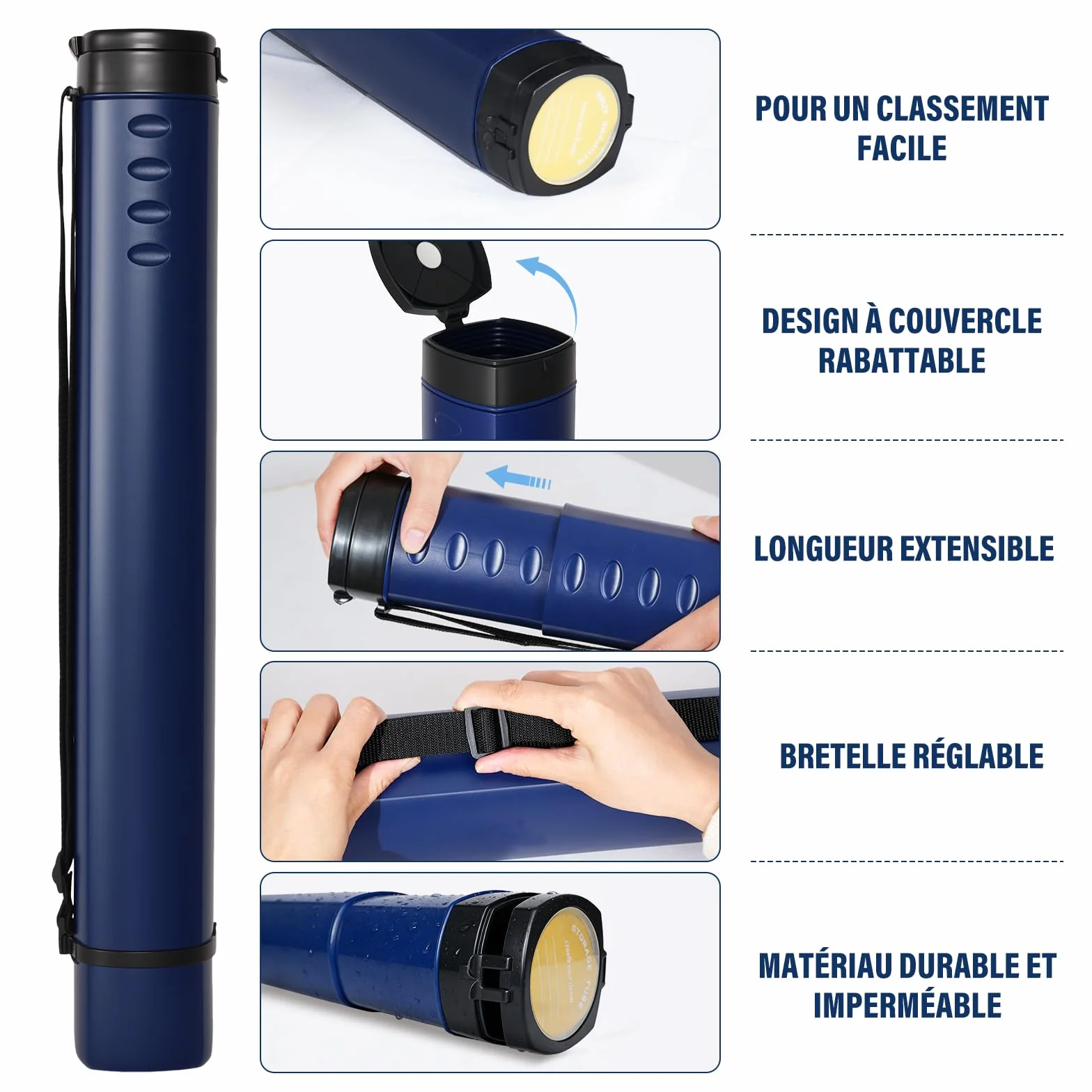 DEWEL Rouleau de Transport télescopique A0, 62-107 cm, pour Posters et Tableaux, Bleu foncé