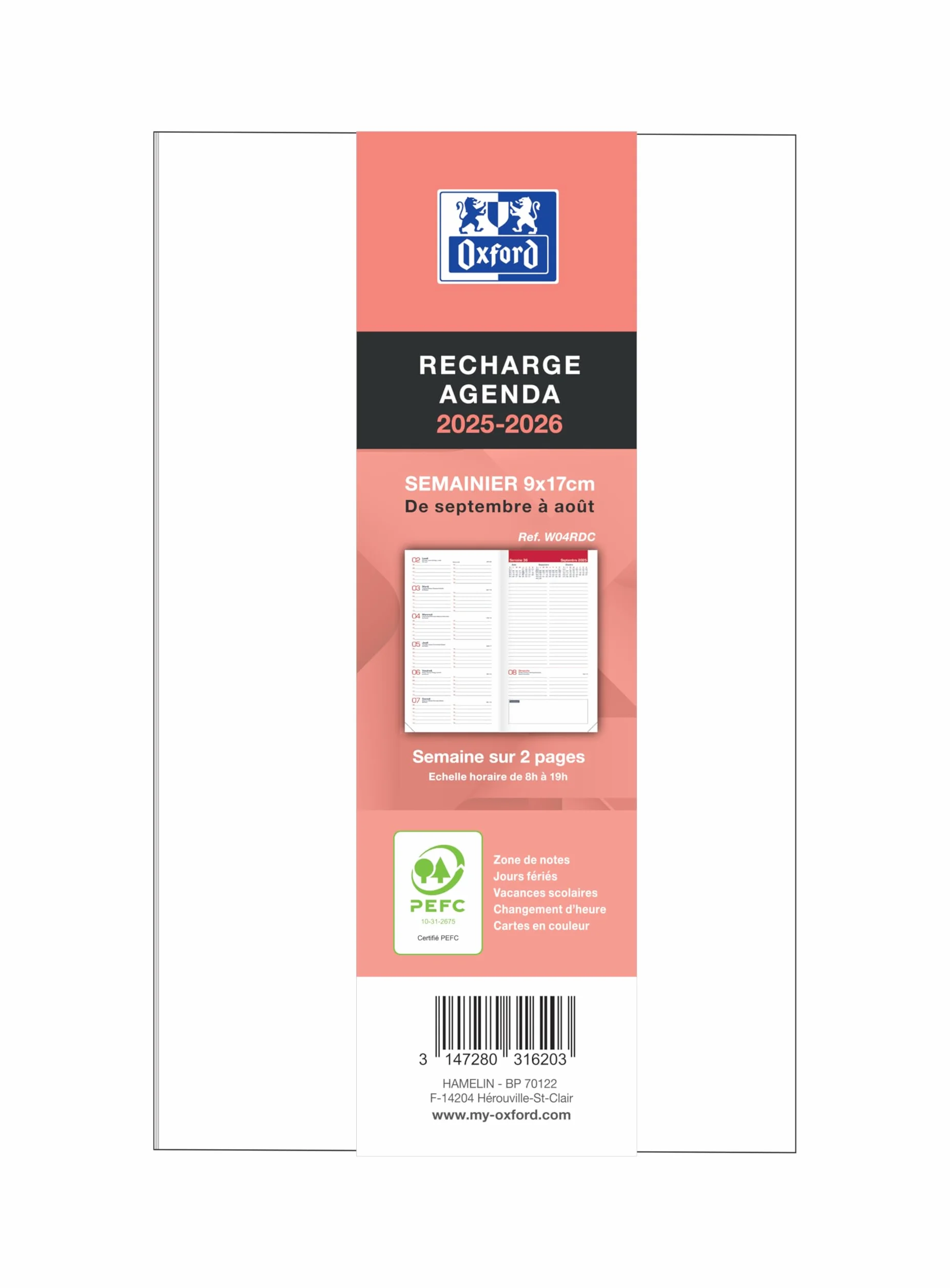 Oxford Recharge Agenda Semainier Poche 9x17 cm Août 2026-2027 Reliure Cousue
