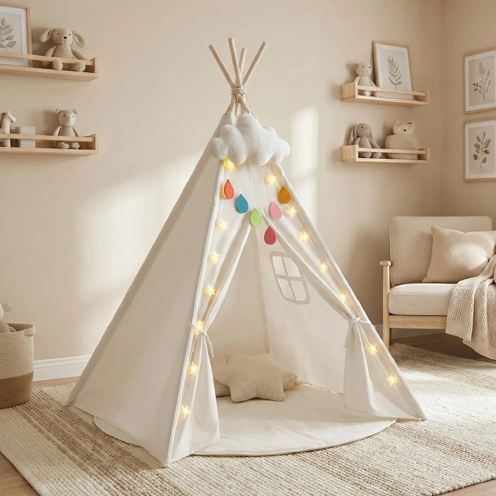 Buddy Baby Tipi Tente lit bébé avec lumières étoile et peluche nuage – Tapis sol rembourré jeu intérieur extérieur