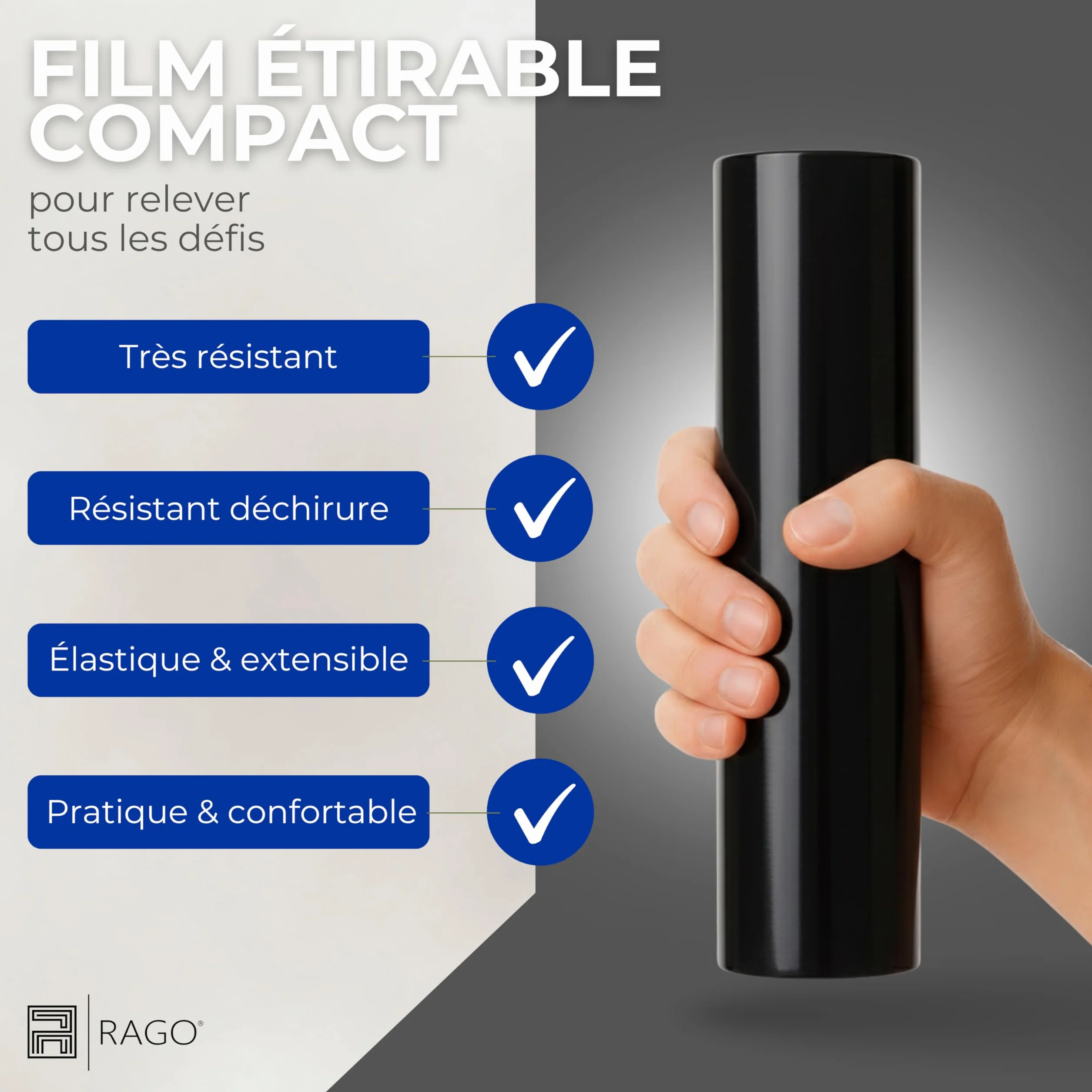 Film étirable Noir 25 cm 3 rouleaux opaque 300 g mandrin Ø38 mm