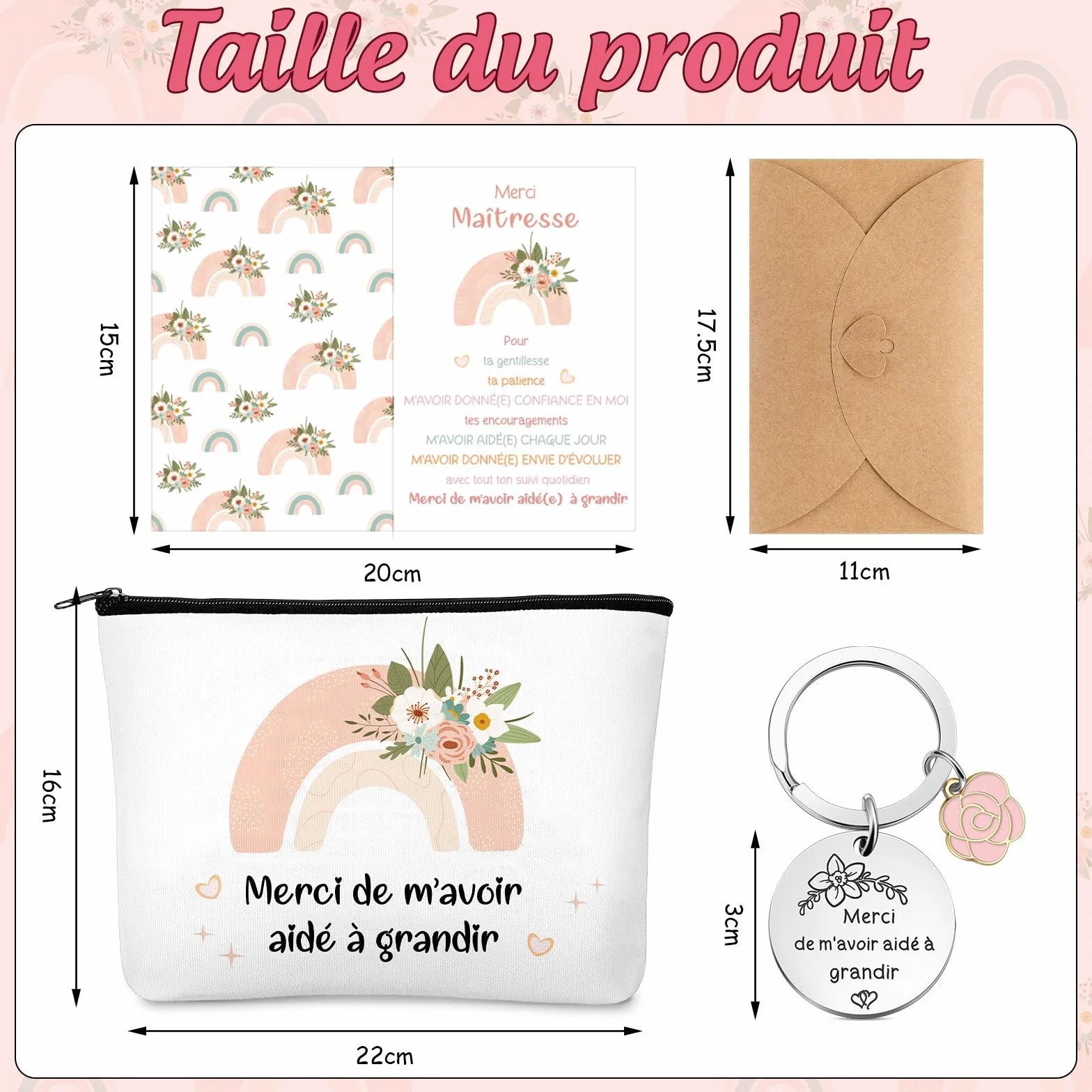Cadeau de Remerciement pour Maîtresse Professeur 4 Pièces Trousse de Maquillage Porte-Clés Carte Arc-en-Ciel avec Enveloppe