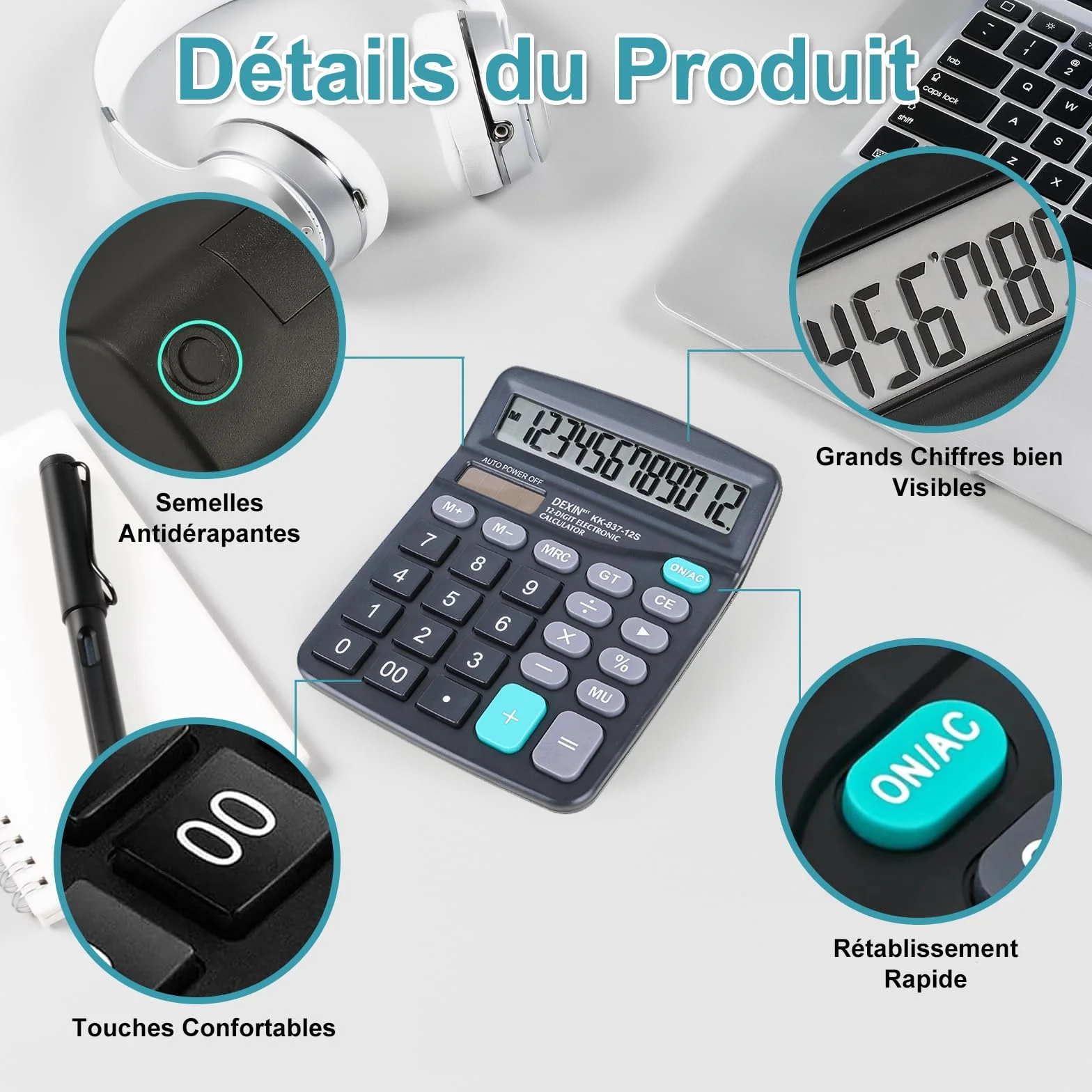 Calculatrice de Bureau 12 Chiffres Écran LCD Solaire et Batterie Grands Boutons Noir Bleu Ciel