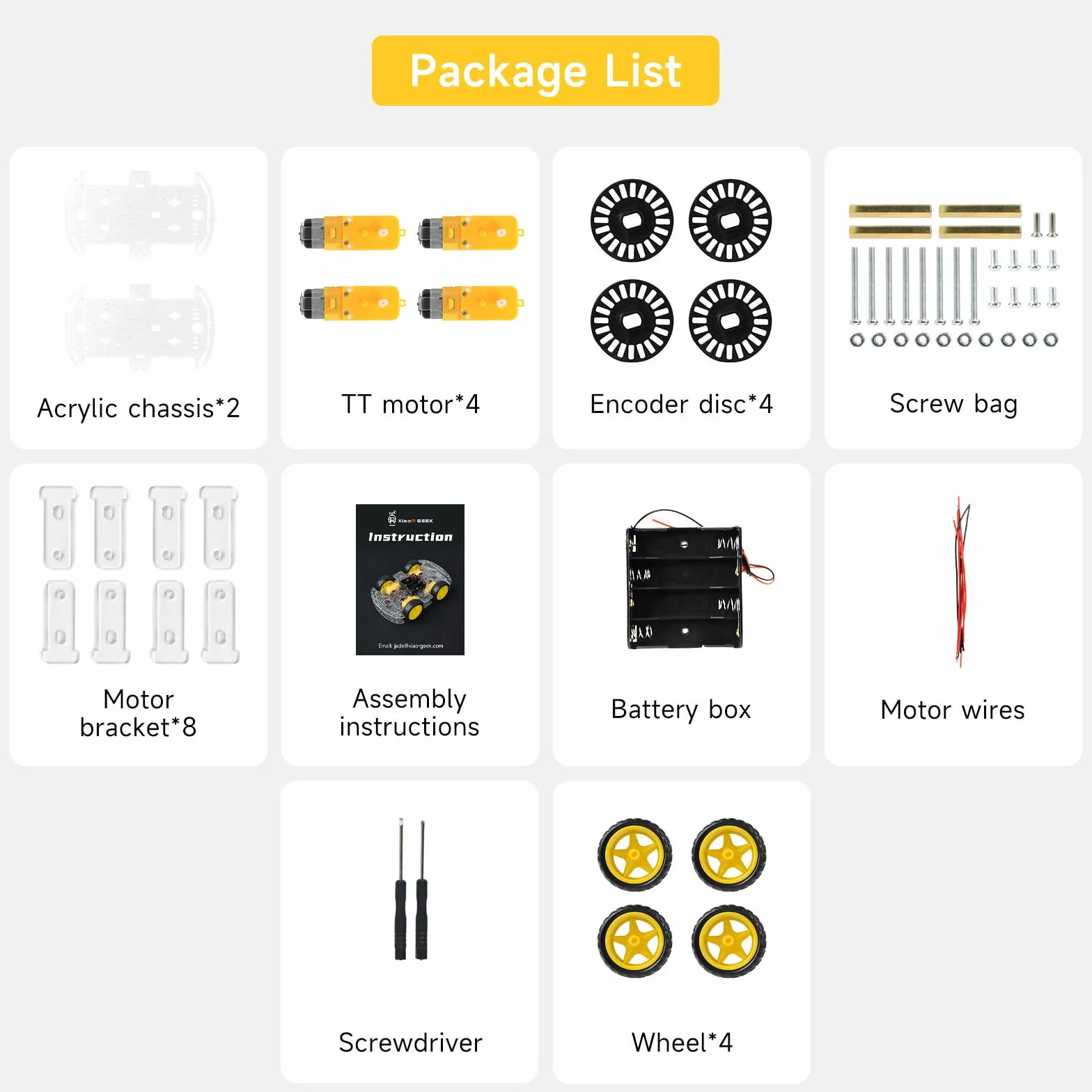 Kit de châssis robot 4WD avec moteur TT, châssis acrylique, 4 roues pour Arduino