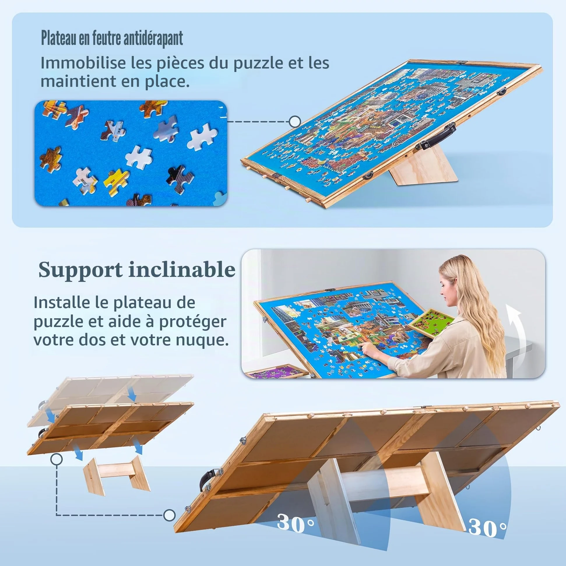 Lavievert Planche de puzzle de 2 000 pièces inclinable et pliable avec 8 tiroirs et couvercle, plateau de puzzle portable en bois avec poignée, table de puzzle réglable avec chevalet/support et dessus
