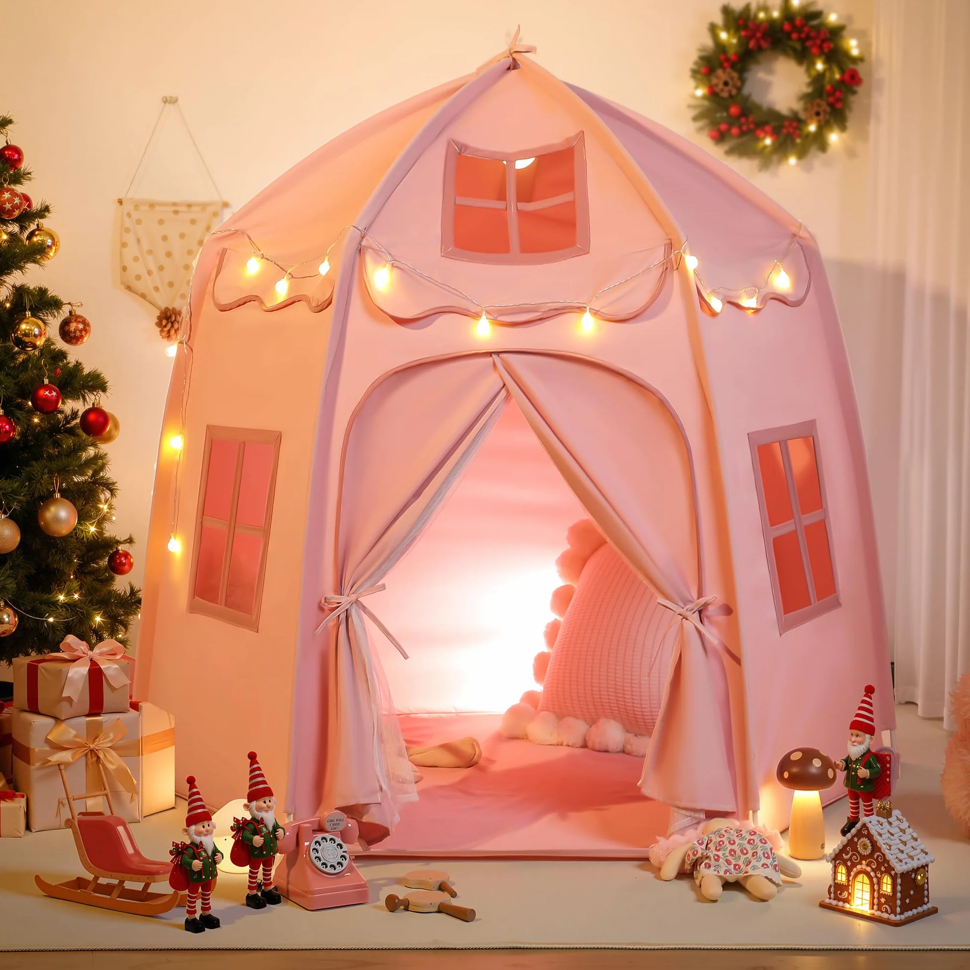 Besrey Tente Château pour Enfant - Cabane Intérieure avec Lumières, Rose