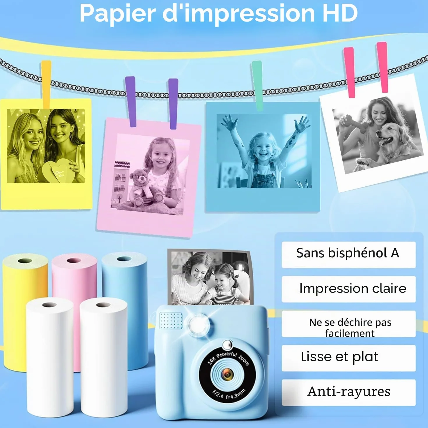 Lot de 18 rouleaux de papier pour appareil photo instantané enfants, sans BPA 5.7 x 2.5 cm