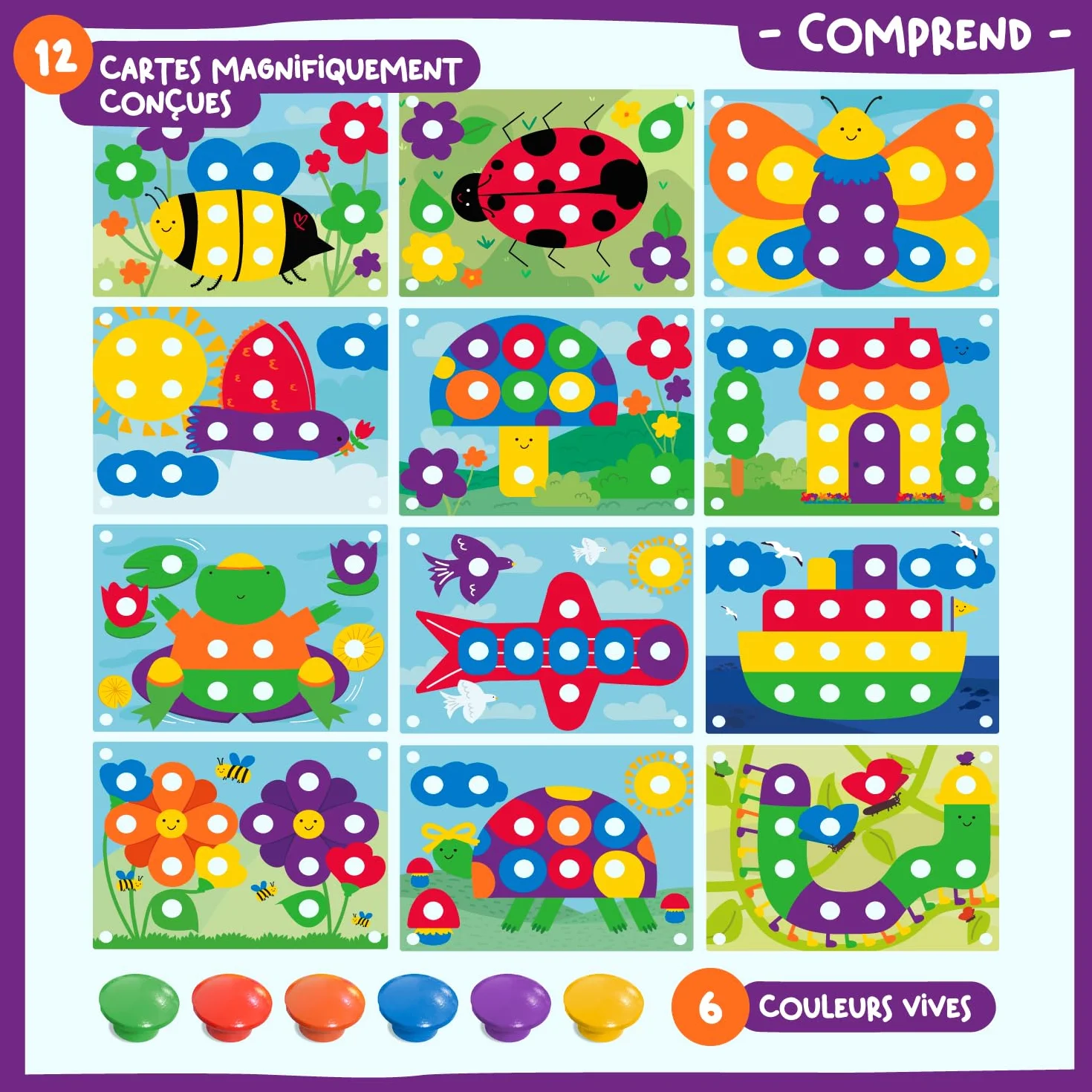 Nene Toys Puzzle en Bois Montessori Jeu de Mosaïque avec Pions Cartes Motricité Fine Apprendre Couleurs Cadeau Éducatif 2-3 Ans