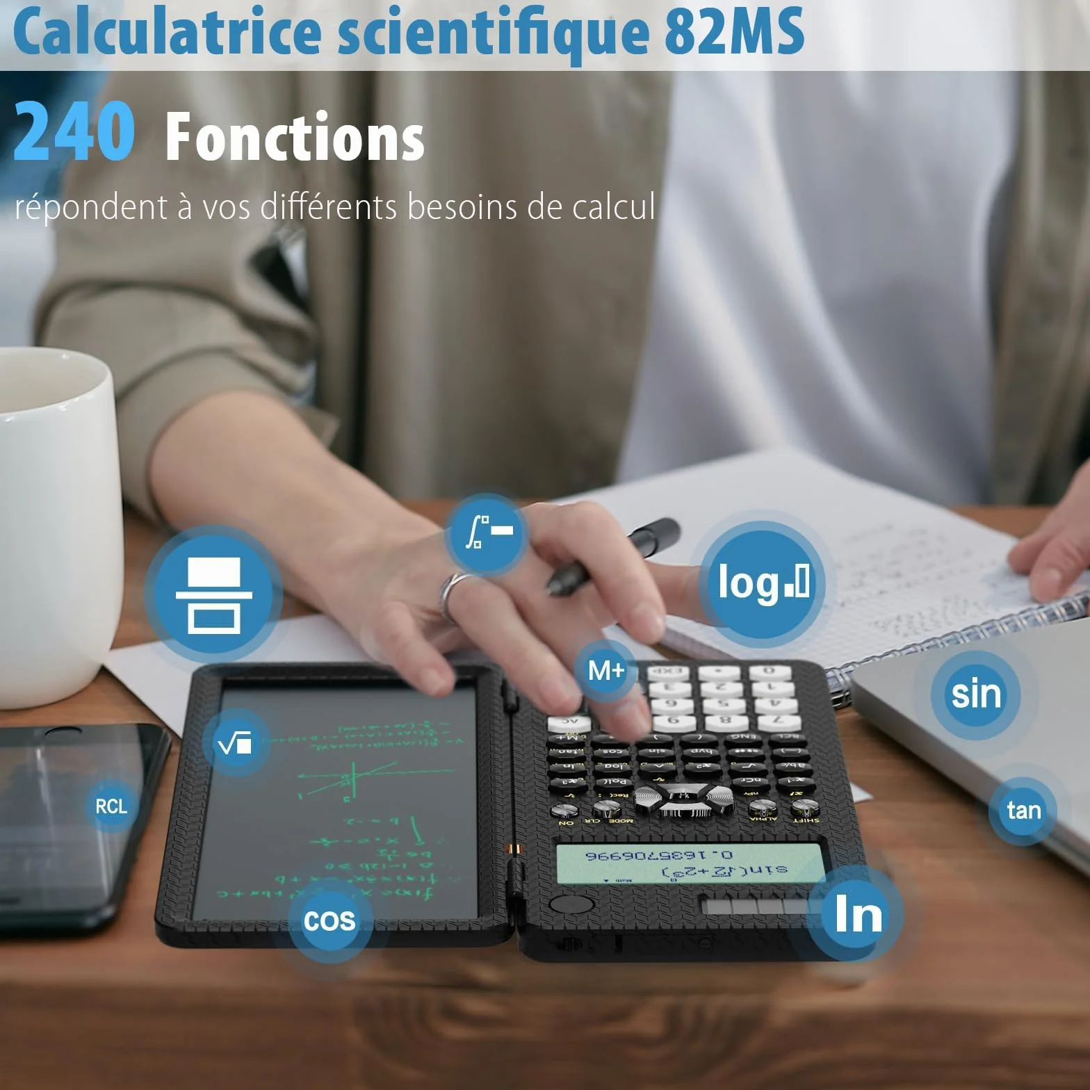 Calculatrice scientifique ROATEE 82MS Plus avec tablette d'écriture LCD effaçable, double alimentation solaire et batterie