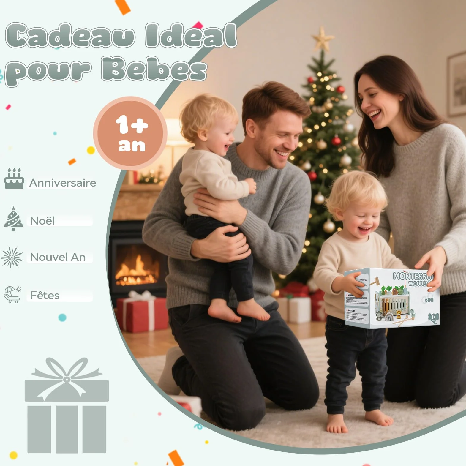 Jouet Montessori 1 an 6 en 1 Bois Bebe avec Xylophone, Jeu de Taupe, Pêche, Engrenage, Cadeau Anniversaire Noël 1 2 3 Ans Garcon Fille