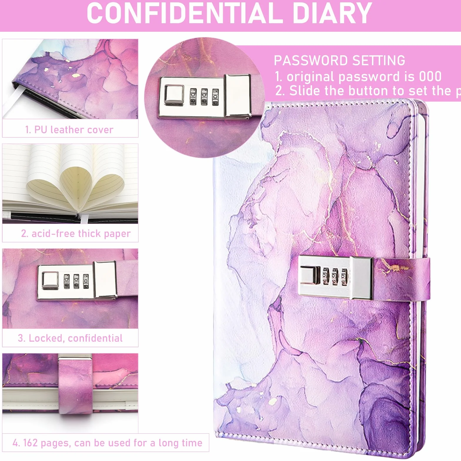 TNSLAND Set de Papeterie Violet, Journal Intime Fille avec Serrure, Cadeaux pour Filles 7-14 Ans