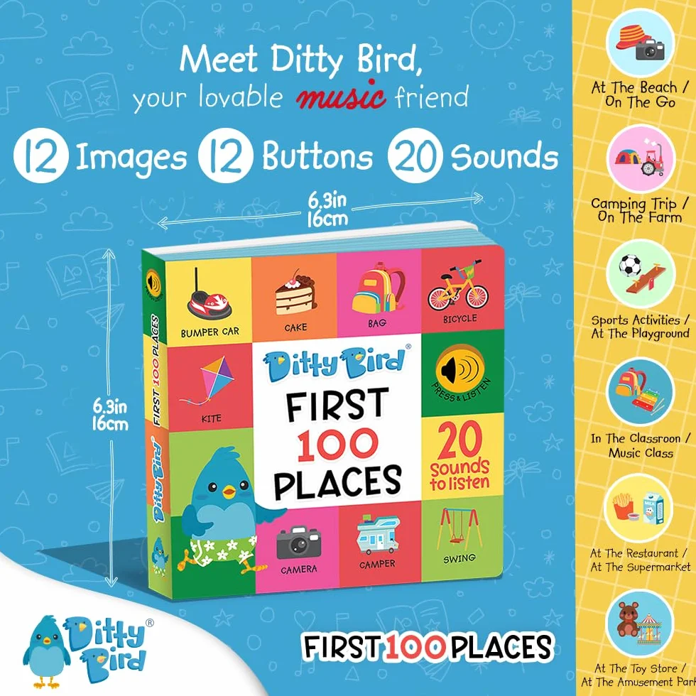 Ditty Bird Livres Parlants 100 Lieux 100 Mots Livres Cartonnés interactifs pour bébés 1-3 Ans