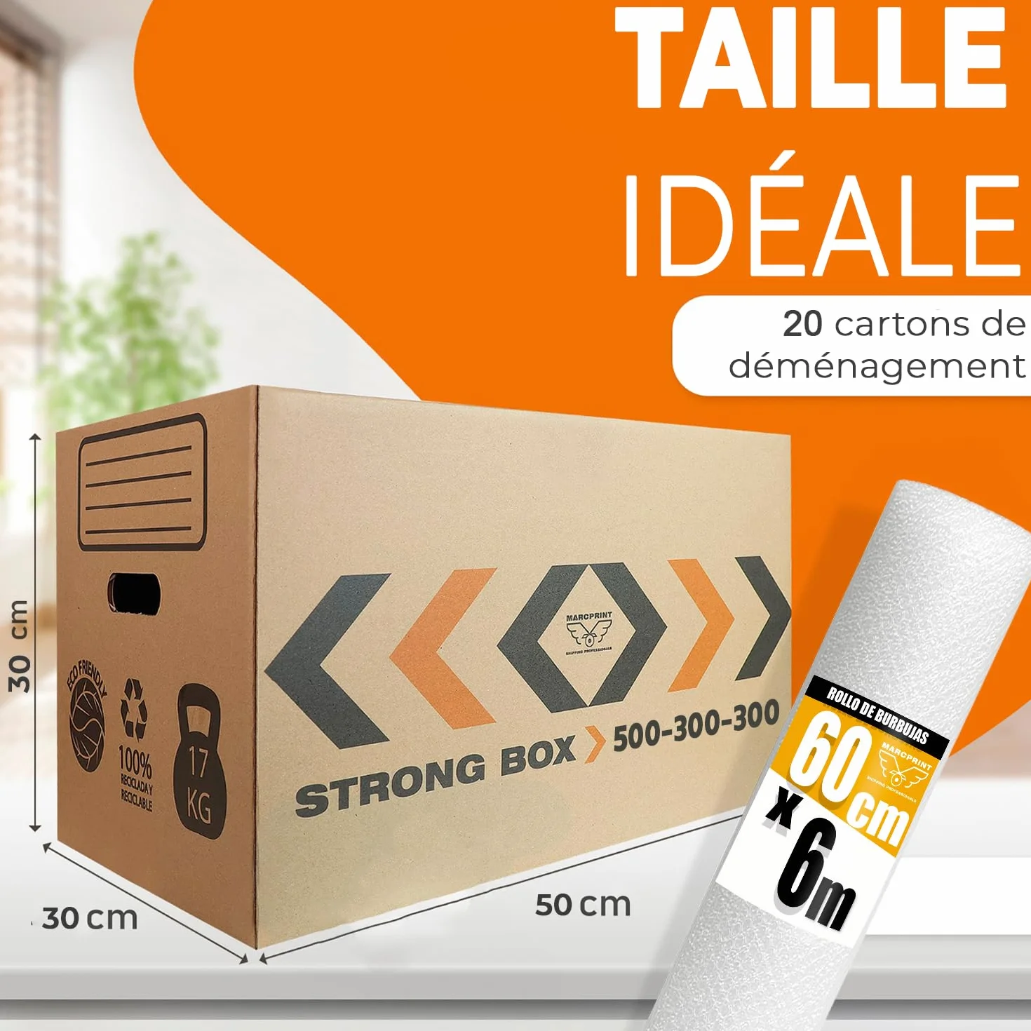 Boîtes de déménagement Taille L 50x30x30 cm renforcées FSC Lot de 20 + rouleau à bulles