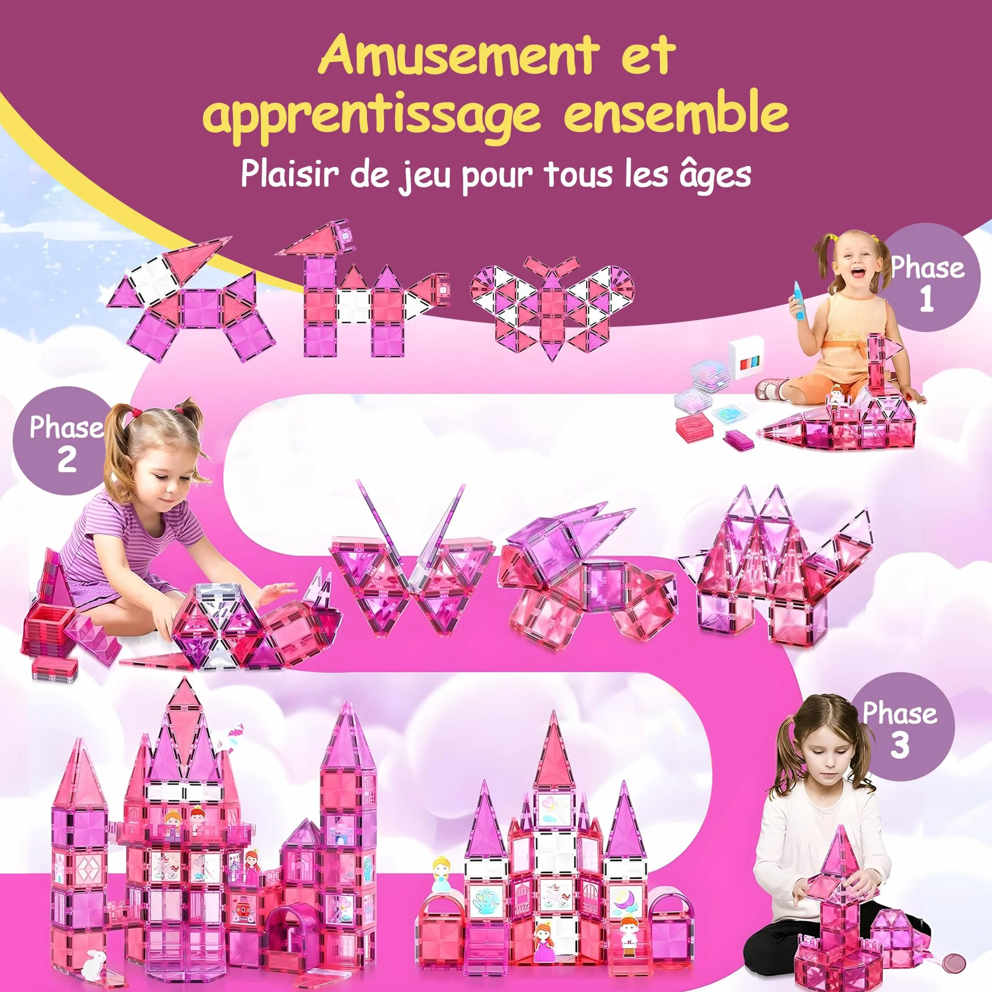 Olvy Blocs de Construction magnétiques Montessori Jouet Montessori en tuiles magnétiques Jouet de Construction magnétique 3 Ans Princesse
