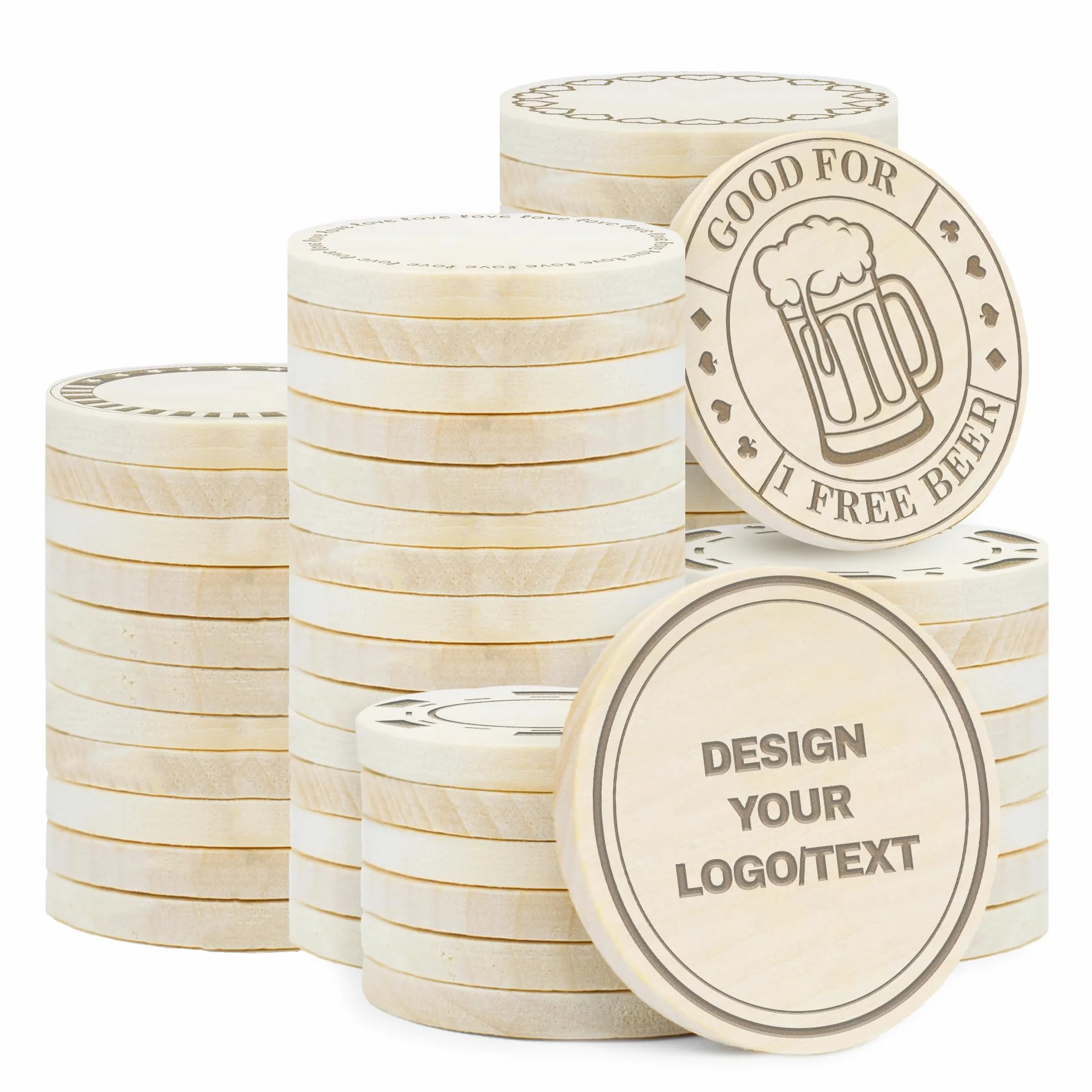 Jeton en bois personnalisé gravé au laser 30 à 1000 pièces, texte logo couleur UV, jeton de poker pour bar fête