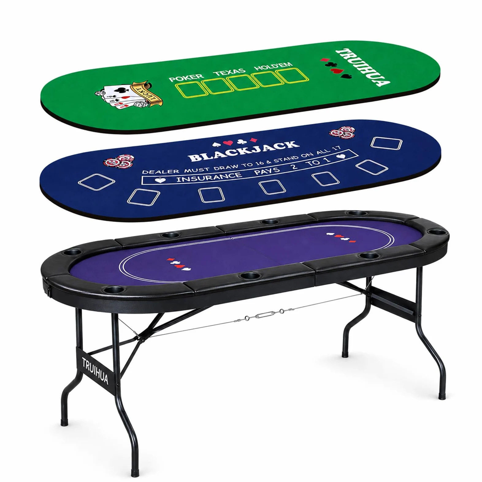 Table de poker pliable de 180 cm pour 8 joueurs, avec 2 tapis de jeu interchangeables en feutre, rail rembourré et porte-gobelets, Texas Hold'em et Blackjack