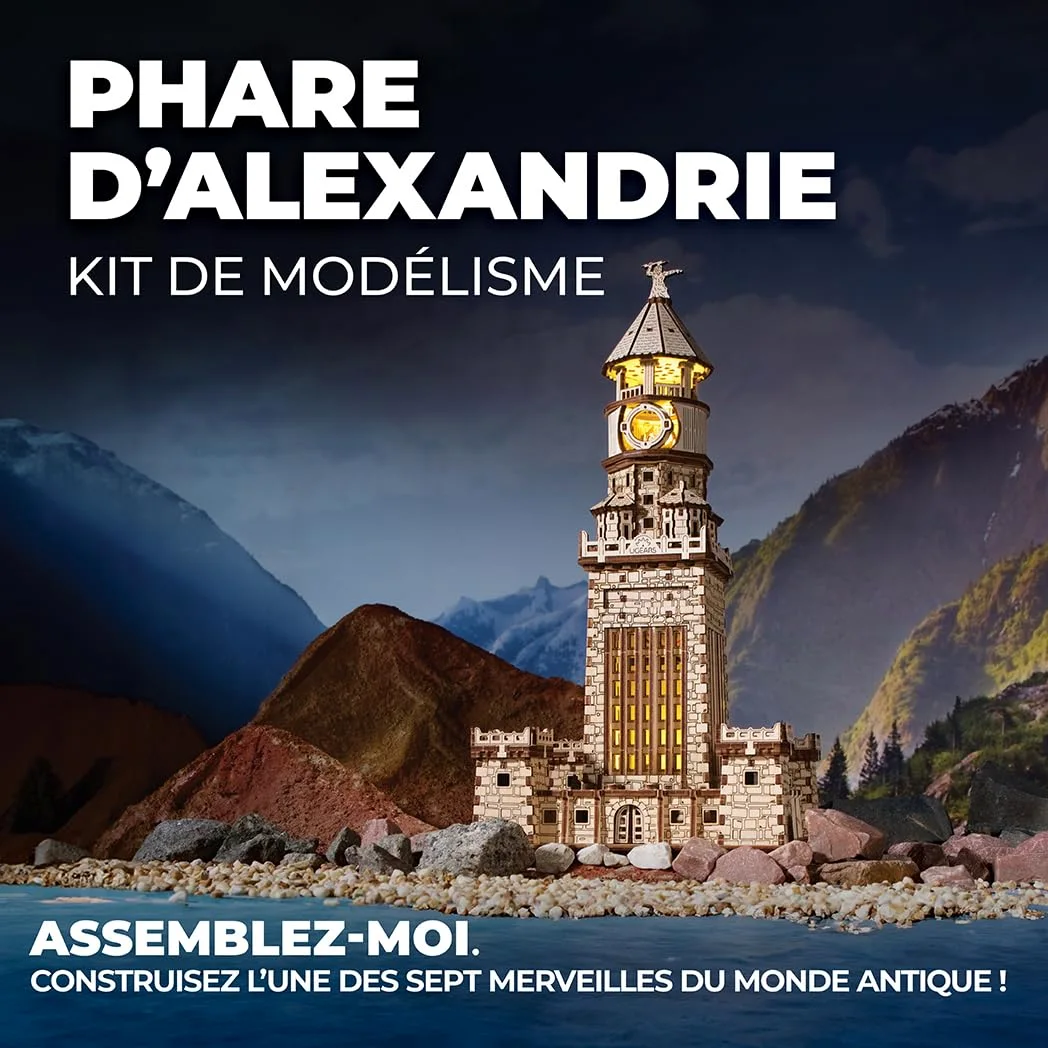Puzzle 3D Ugears Phare d'Alexandrie - Kits de Bricolage pour Adultes avec veilleuse LED - Modèle en Bois à Assembler - Cadeau Parfait pour Les Adultes - 340 pièces