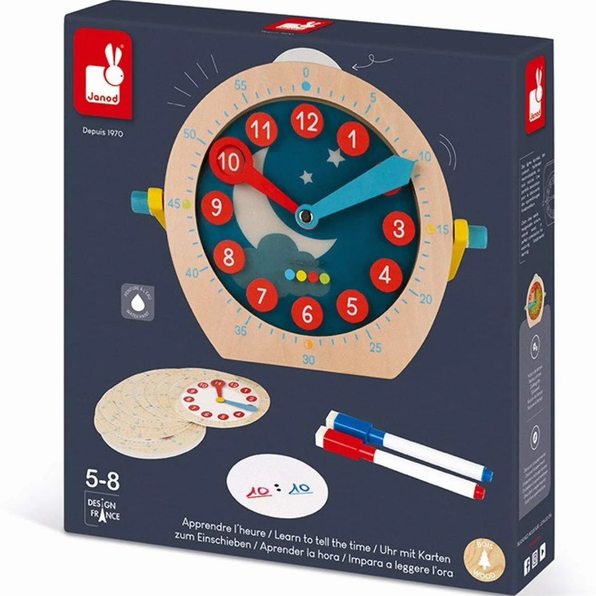 Janod Essentiel Apprendre l'Heure Jeu Éducatif Bois Apprentissage Chiffres Mathématiques 22 Accessoires 5 Ans